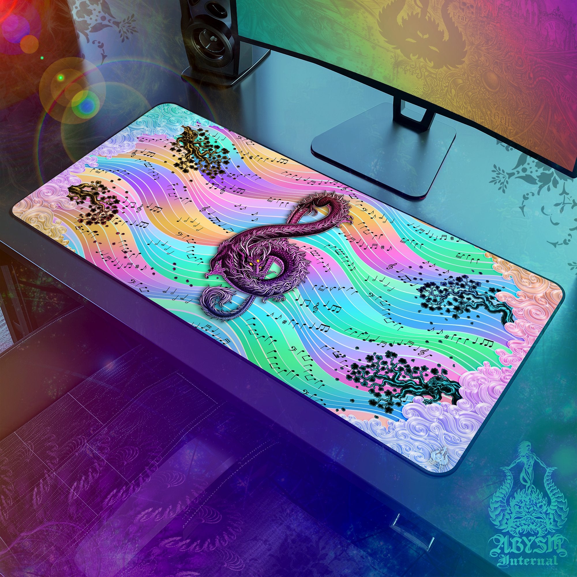 Music Gaming Mouse Pad, Psychedelic Dragon Desk Mat, Girl Gamer Table Protector Cover, Pastel Black Workpad, Asian Treble Clef Art Print - 2 Options - Abysm Internal