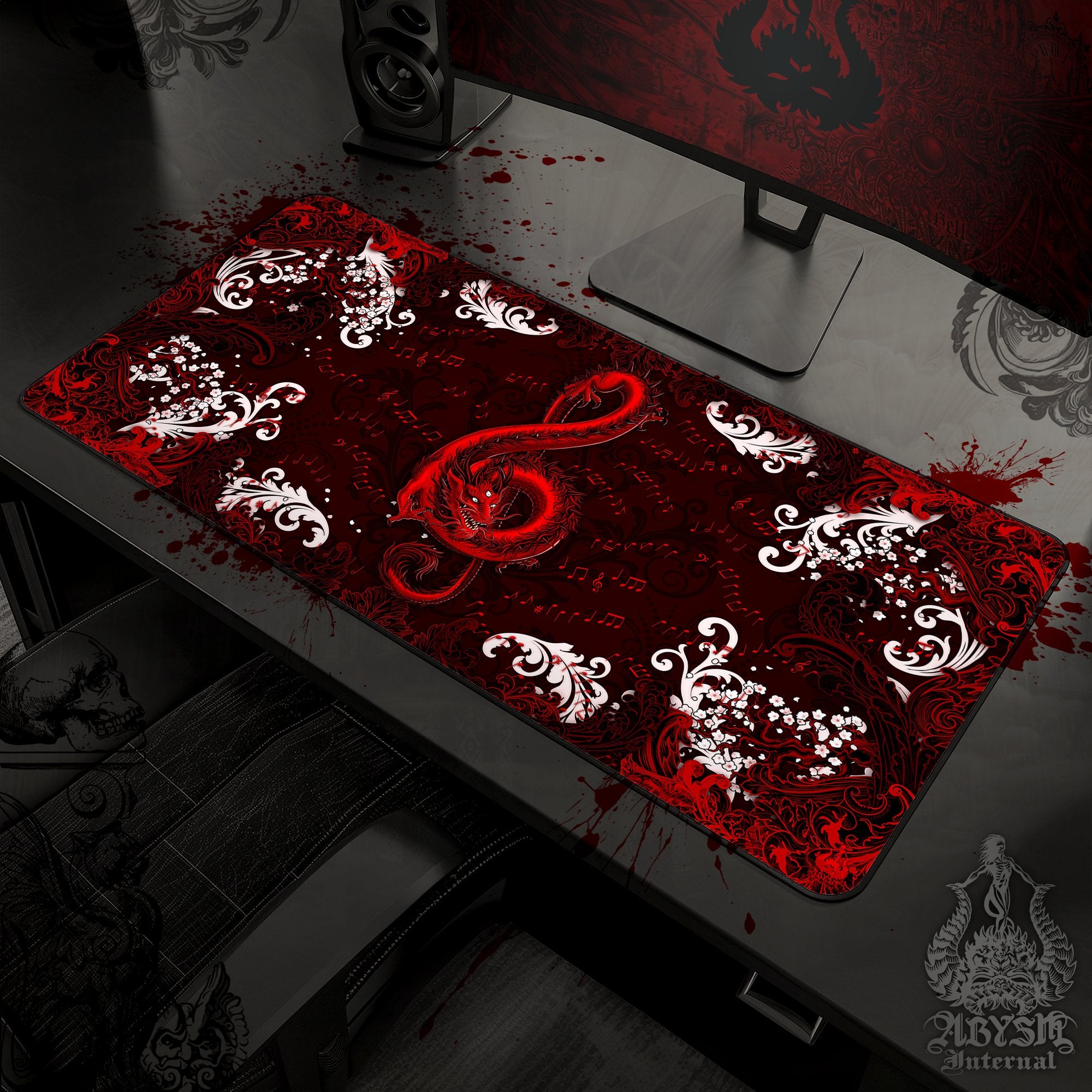 Music Gaming Mouse Pad, Red Dragon Desk Mat, Gothic Table Protector Cover, Bloody Black Workpad, Treble Clef Art Print - Abysm Internal