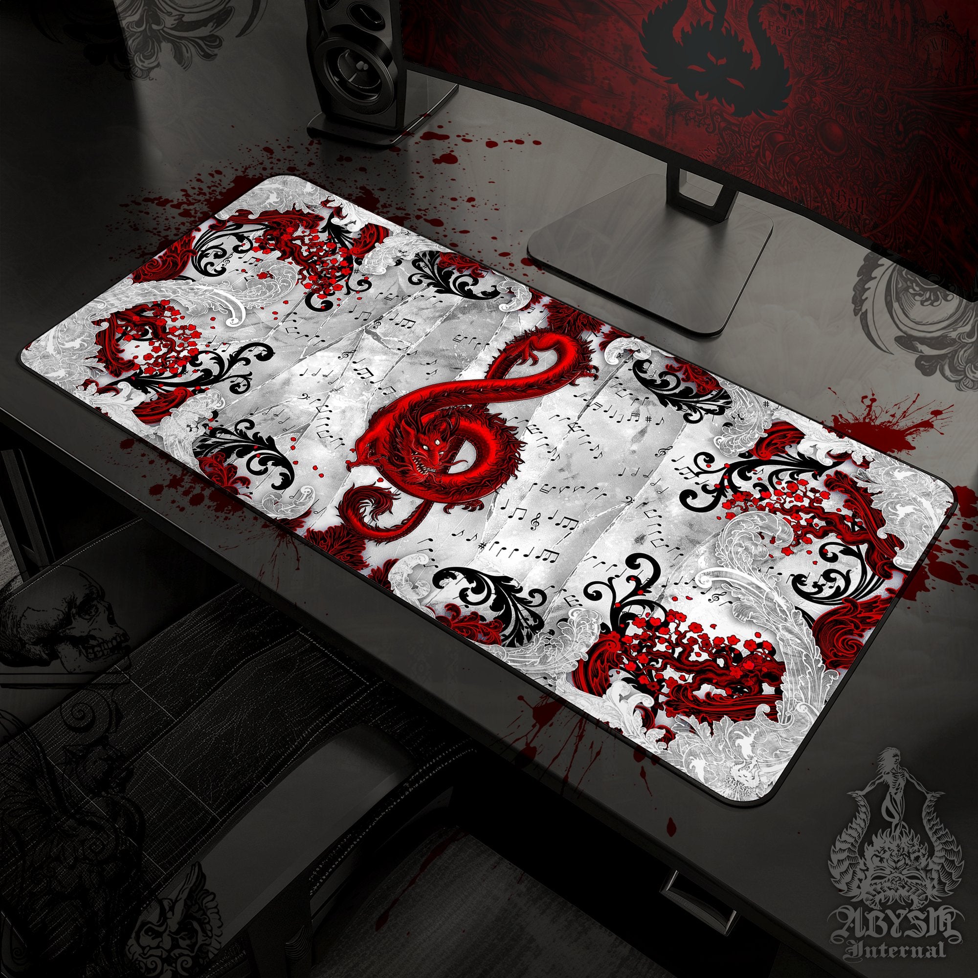 Music Mouse Pad, Red Dragon Gaming Desk Mat, Asian Workpad, Bloody White Goth Table Protector Cover, Treble Clef Art Print - Abysm Internal