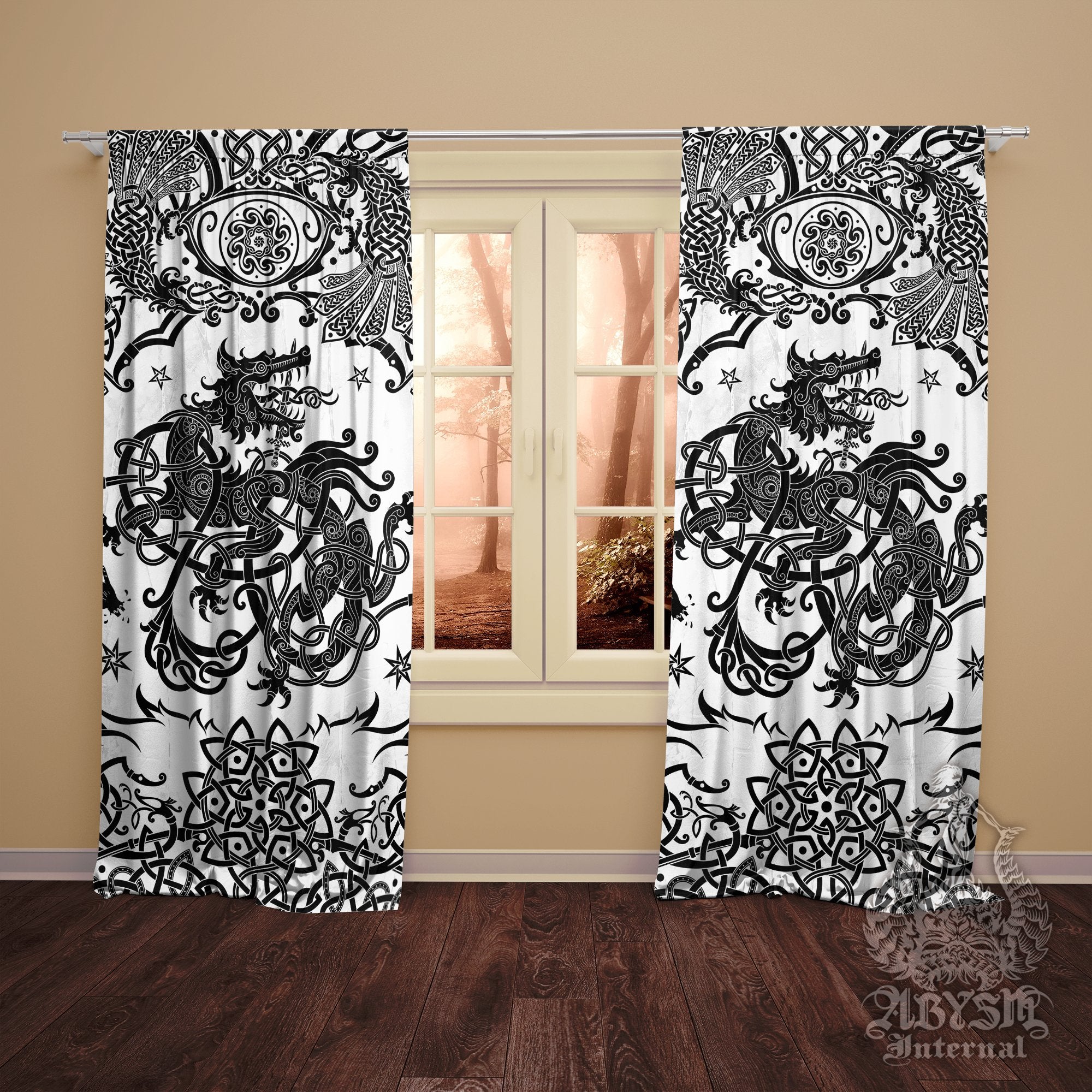 Nordic Art Curtains, 50x84' Printed Window Panels, Viking Room Decor, Norse Wolf Fenrir Print - Black and White - Abysm Internal