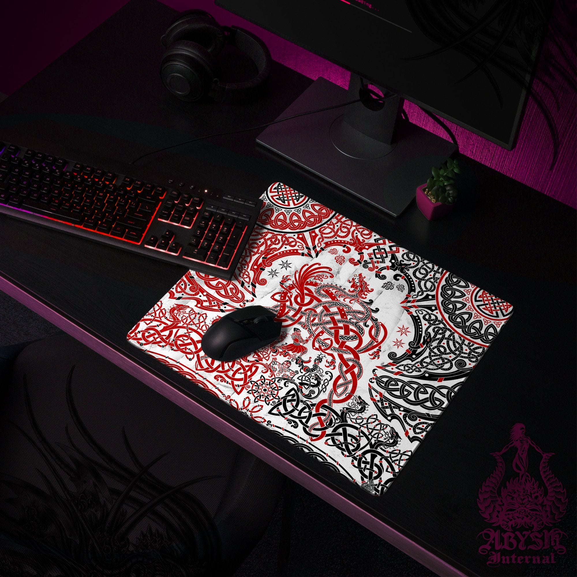 Nordic Dragon Desk Mat, Viking Gaming Mouse Pad, Norse Knotwork Table Protector Cover, Fafnir Workpad, Art Print - Red White Black - Abysm Internal