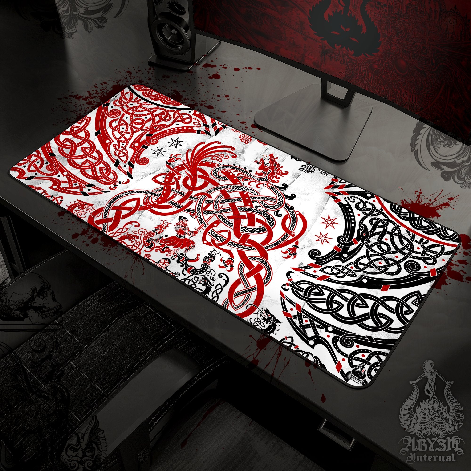 Nordic Dragon Desk Mat, Viking Gaming Mouse Pad, Norse Knotwork Table Protector Cover, Fafnir Workpad, Art Print - Red White Black - Abysm Internal