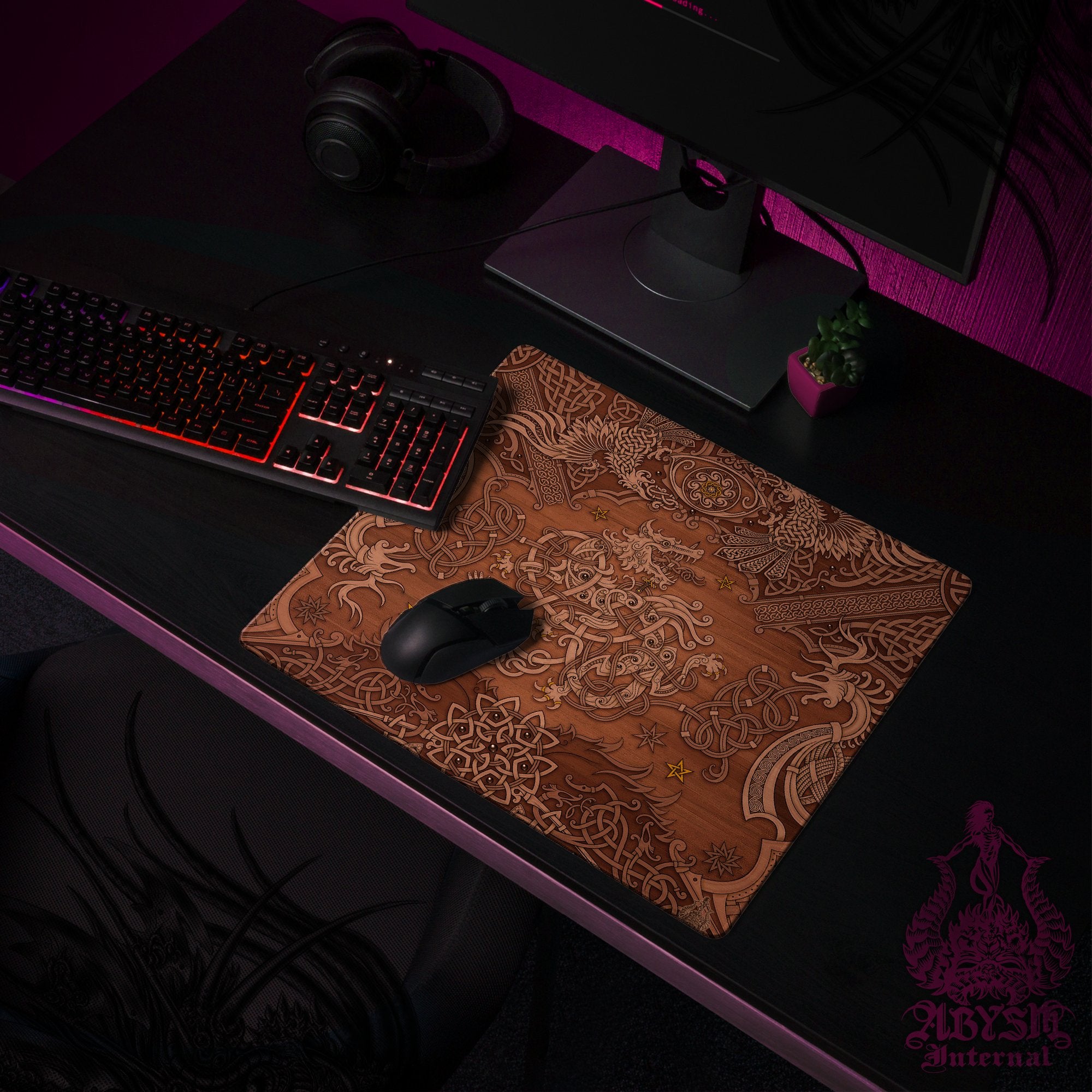 Nordic Wolf Workpad, Norse Knotwork Desk Mat, Fenrir Gaming Mouse Pad, Viking Table Protector Cover, Art Print - Wood - Abysm Internal