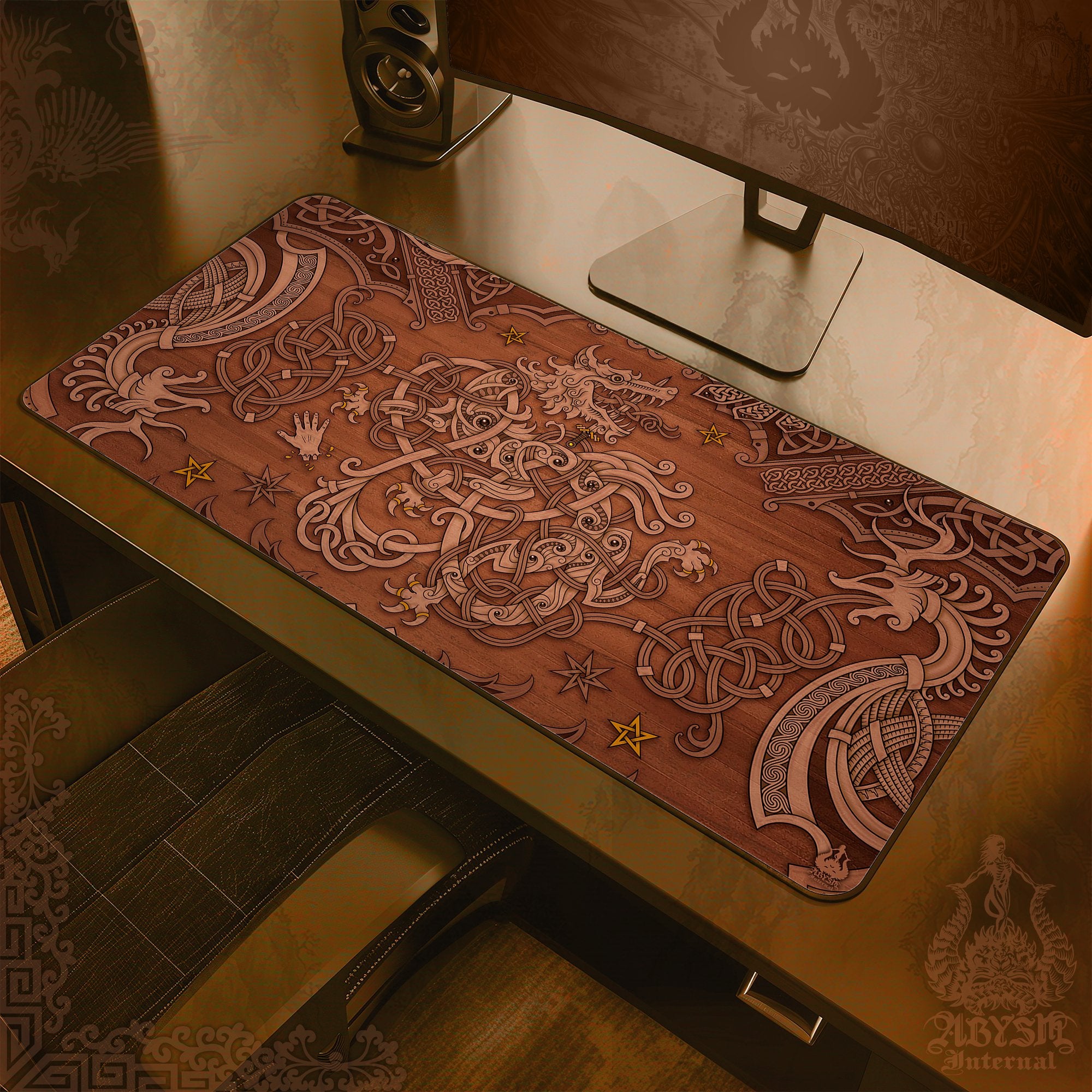 Nordic Wolf Workpad, Norse Knotwork Desk Mat, Fenrir Gaming Mouse Pad, Viking Table Protector Cover, Art Print - Wood - Abysm Internal