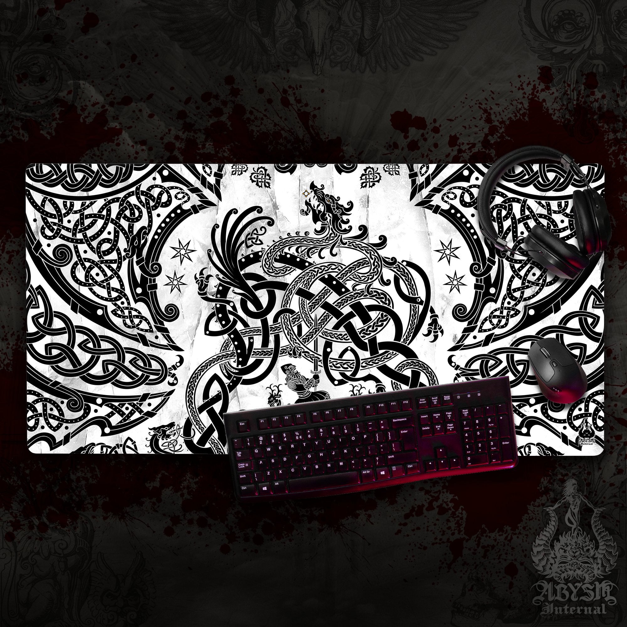Norse Dragon Gaming Desk Mat, Viking Mouse Pad, Nordic Knotwork Table Protector Cover, Fafnir Workpad, Art Print - Black White - Abysm Internal