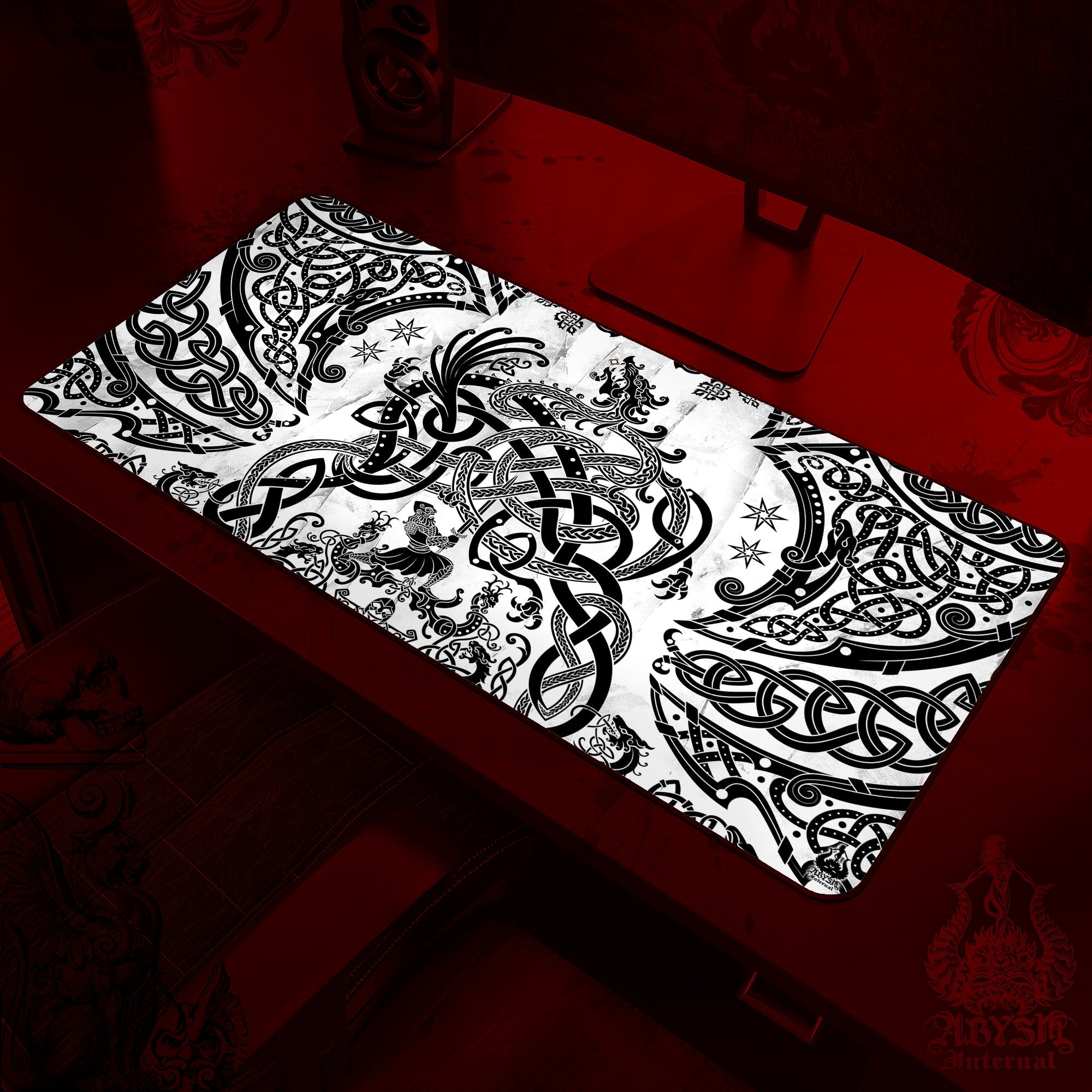 Norse Dragon Gaming Desk Mat, Viking Mouse Pad, Nordic Knotwork Table Protector Cover, Fafnir Workpad, Art Print - Black White - Abysm Internal