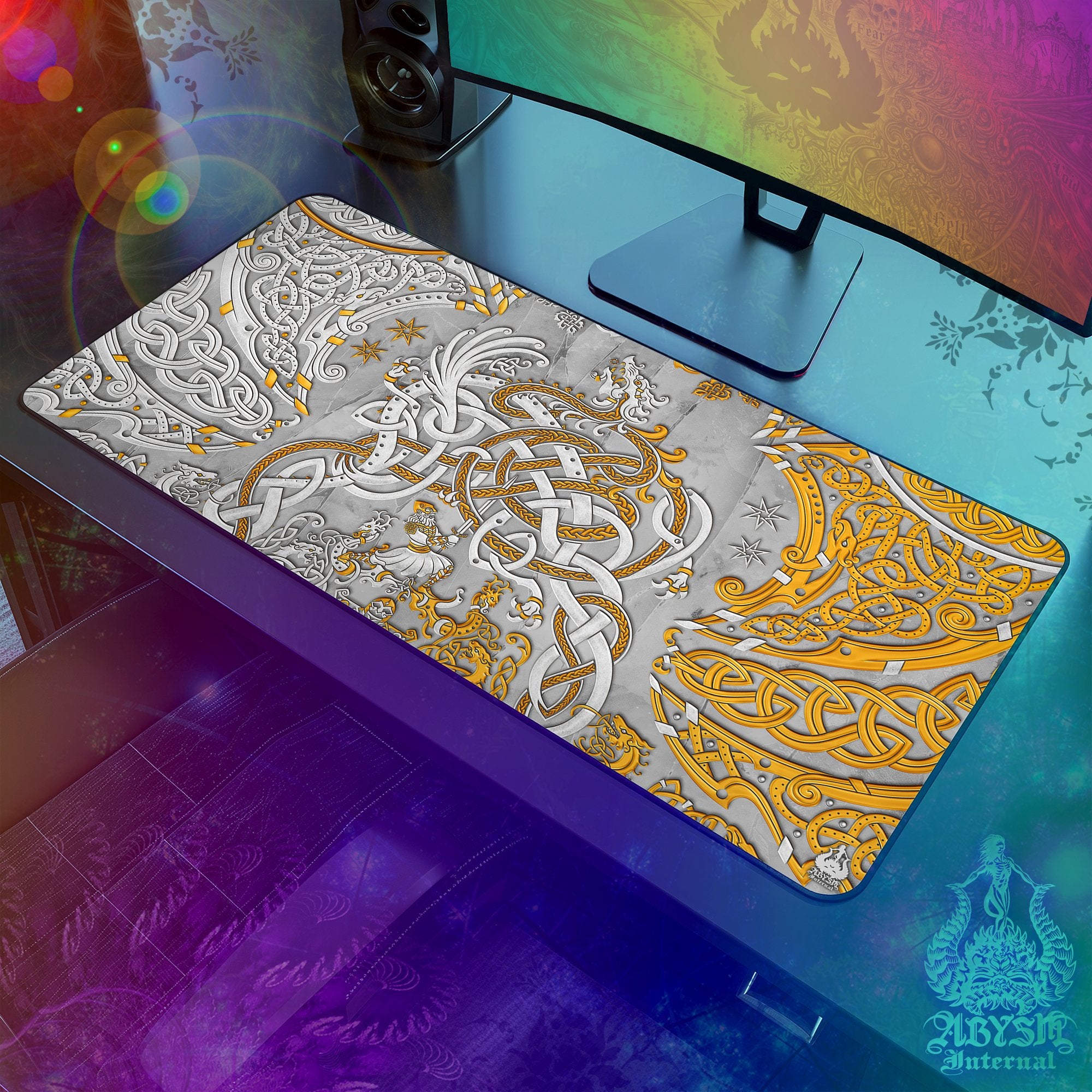 Norse Dragon Gaming Mouse Pad, Viking Desk Mat, Nordic Knotwork Table Protector Cover, Fafnir Workpad, Art Print - Stone and Gold, 2 Colors - Abysm Internal