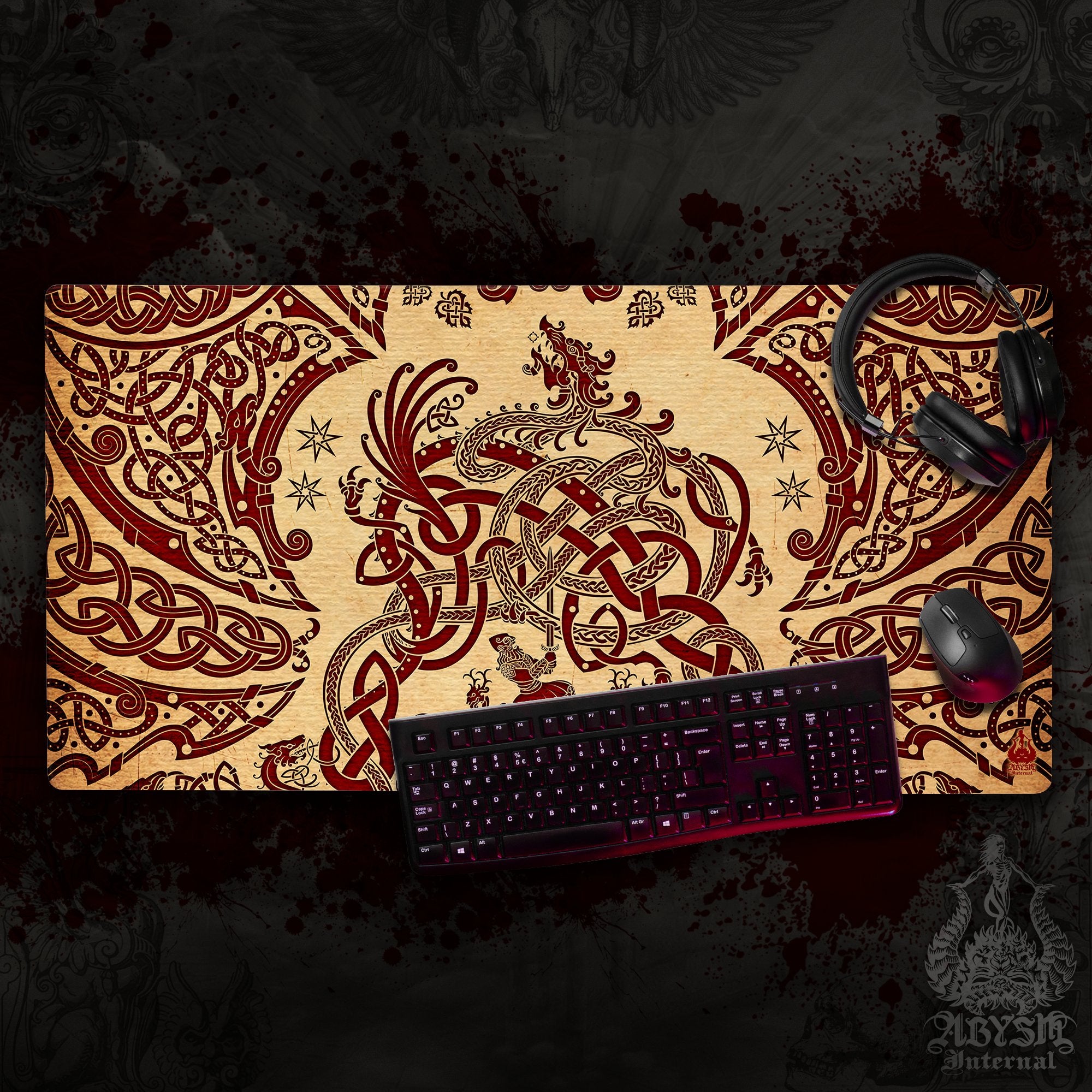 Norse Dragon Mouse Pad, Viking Gaming Desk Mat, Nordic Knotwork Workpad, Fafnir Table Protector Cover, Art Print - Paper - Abysm Internal