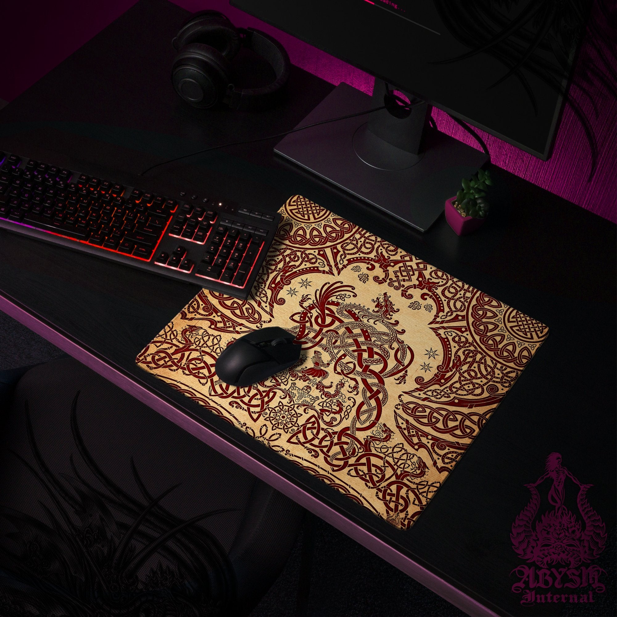 Norse Dragon Mouse Pad, Viking Gaming Desk Mat, Nordic Knotwork Workpad, Fafnir Table Protector Cover, Art Print - Paper - Abysm Internal