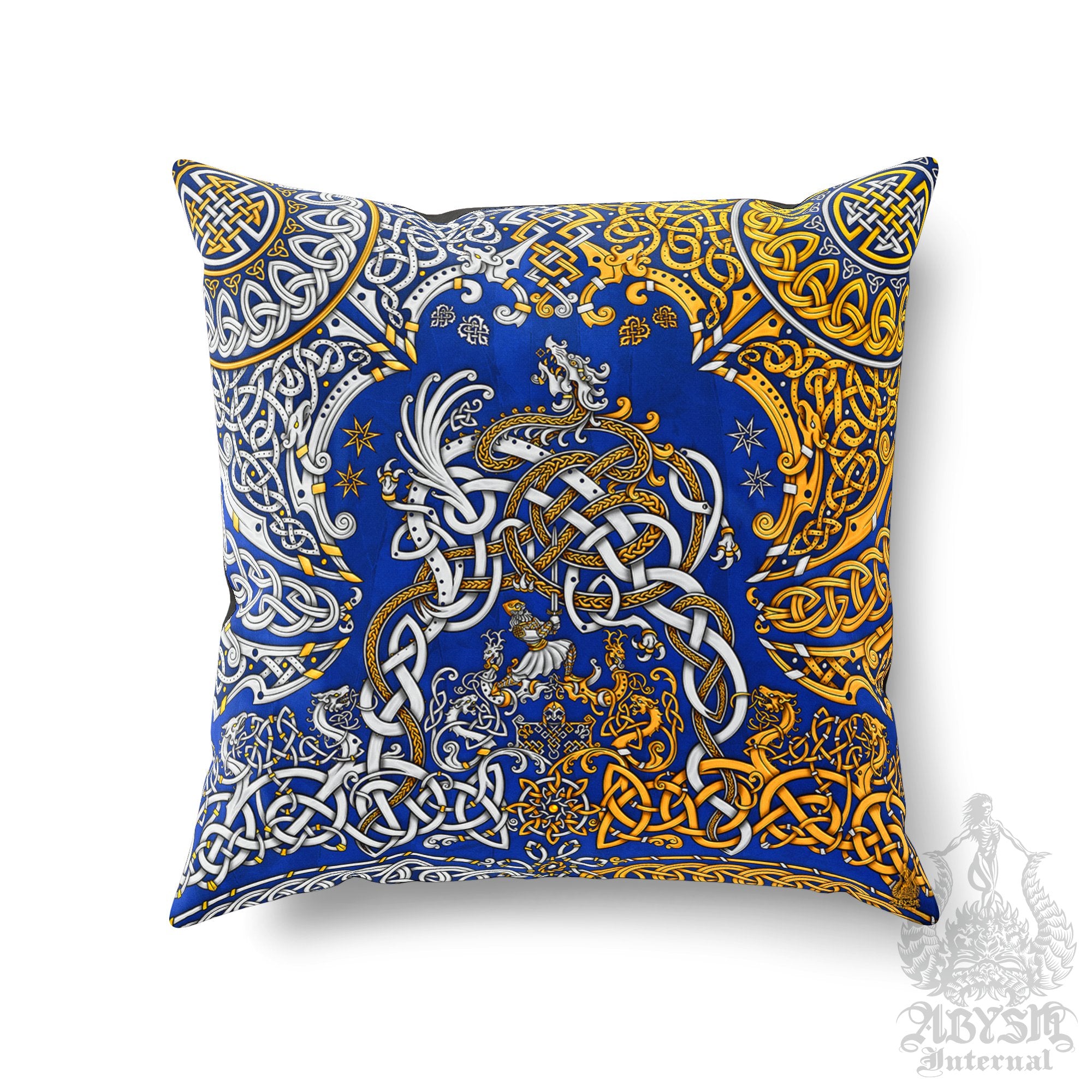 Norse Throw Pillow, Decorative Accent Pillow, Square Cushion Cover, Viking Room Decor, Dragon Fafnir, Nordic Art, Alternative Home - Gold & 3 Colors - Abysm Internal