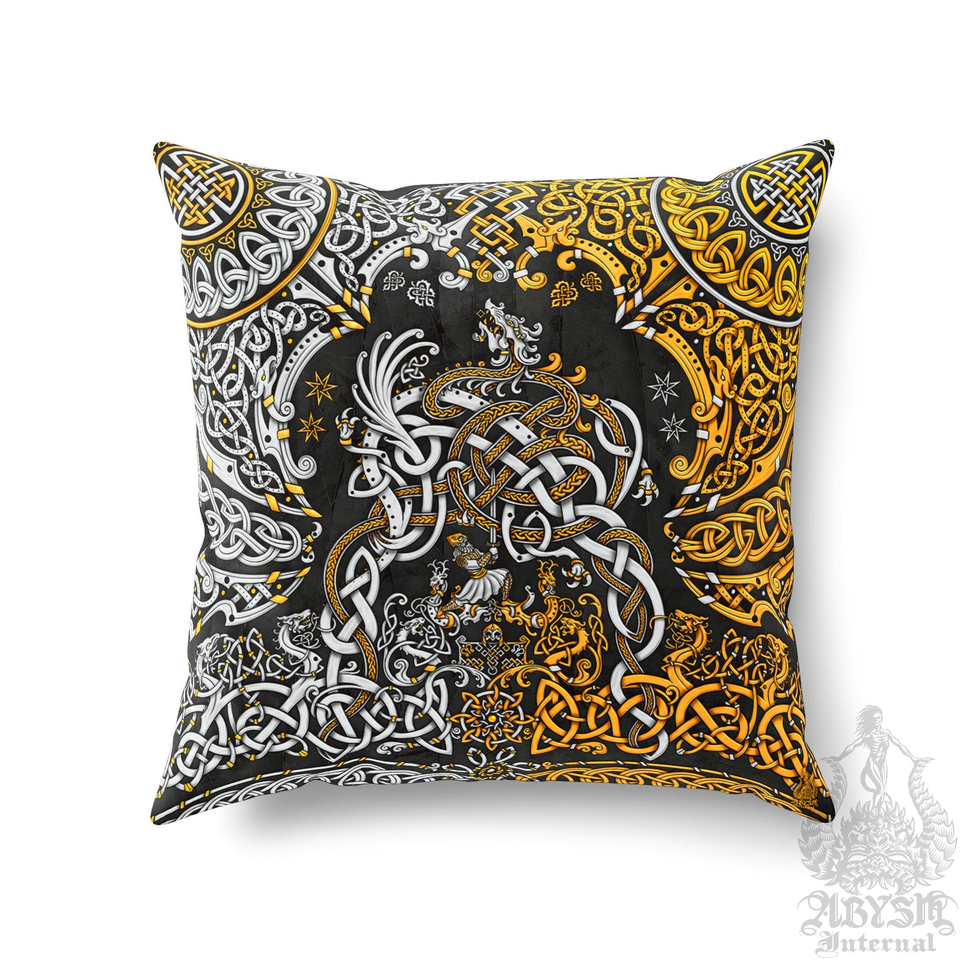 Norse Throw Pillow, Decorative Accent Pillow, Square Cushion Cover, Viking Room Decor, Dragon Fafnir, Nordic Art, Alternative Home - Gold & 3 Colors - Abysm Internal