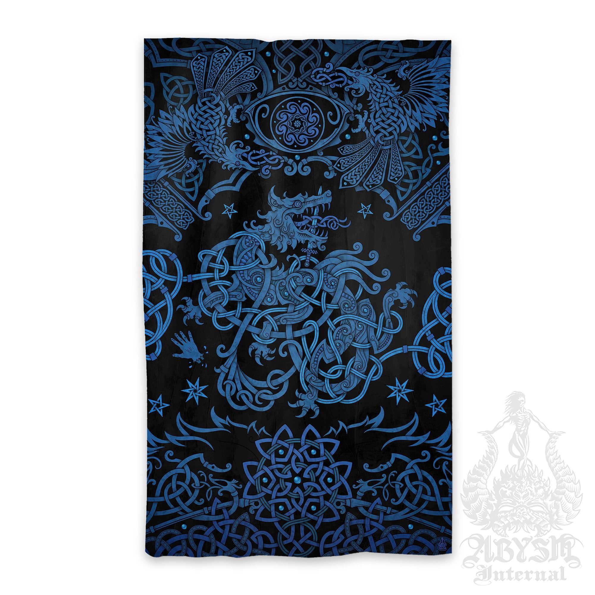 Norse Wolf Curtains, 50x84' Printed Window Panels, Viking Room Decor, Fenrir Art Print - Black Blue - Abysm Internal