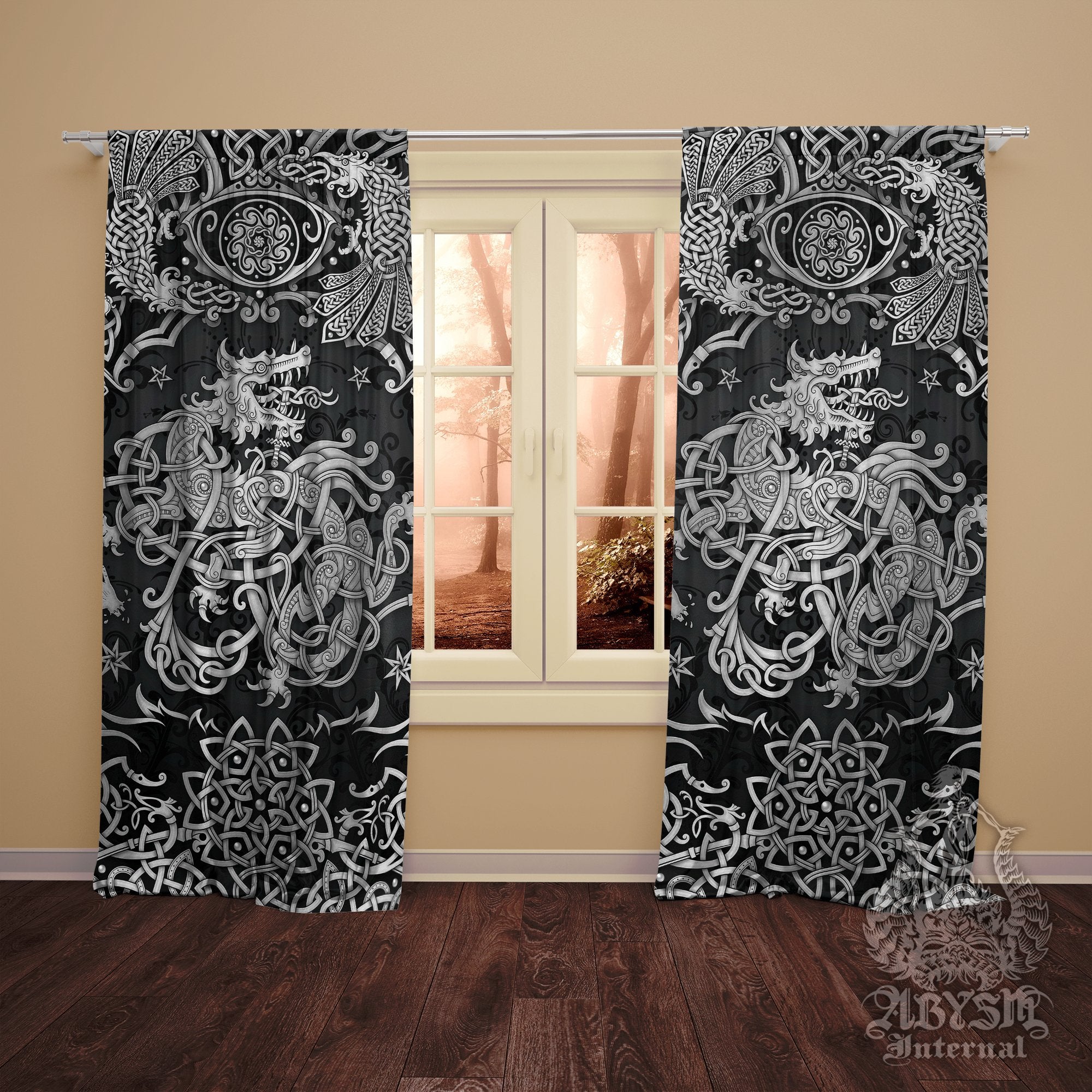 Norse Wolf Curtains, 50x84' Printed Window Panels, Viking Room Decor, Fenrir Art Print - Dark - Abysm Internal