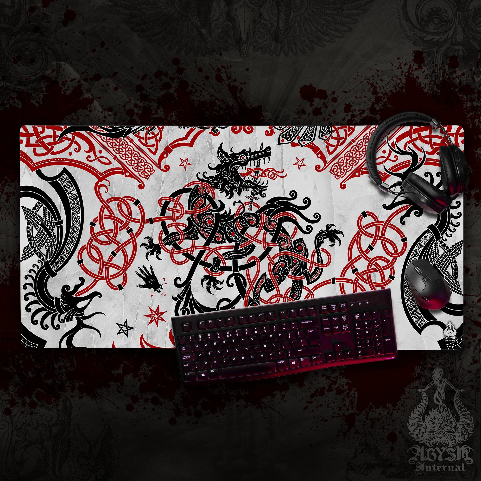 Norse Wolf Gaming Desk Mat, Viking Mouse Pad, Fenrir Table Protector Cover, Nordic Knotwork Workpad, Art Print - White Black Red - Abysm Internal