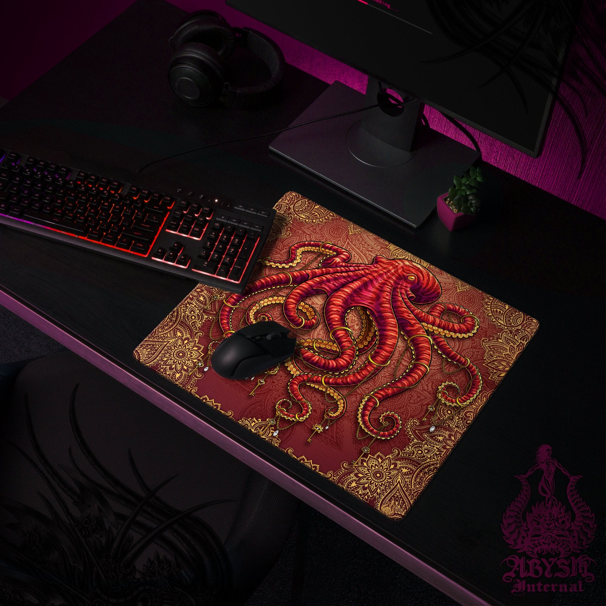 Octopus Desk Mat, Tentacles Gaming Mouse Pad, Boho Table Protector Cover, Indie Workpad, Fantasy Art Print - Mandalas - Abysm Internal