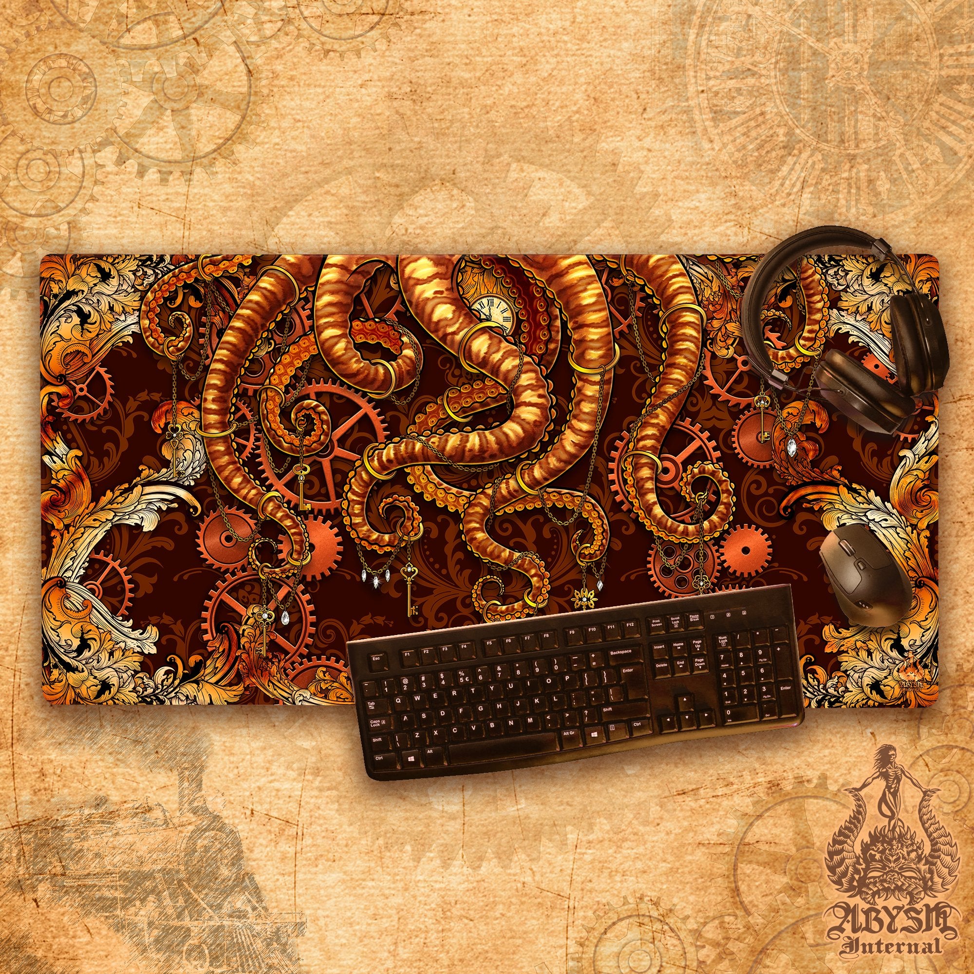 Octopus Gaming Desk Mat, Tentacles Mouse Pad, Steampunk Table Protector Cover, Gears Workpad, Fantasy Art Print - Abysm Internal