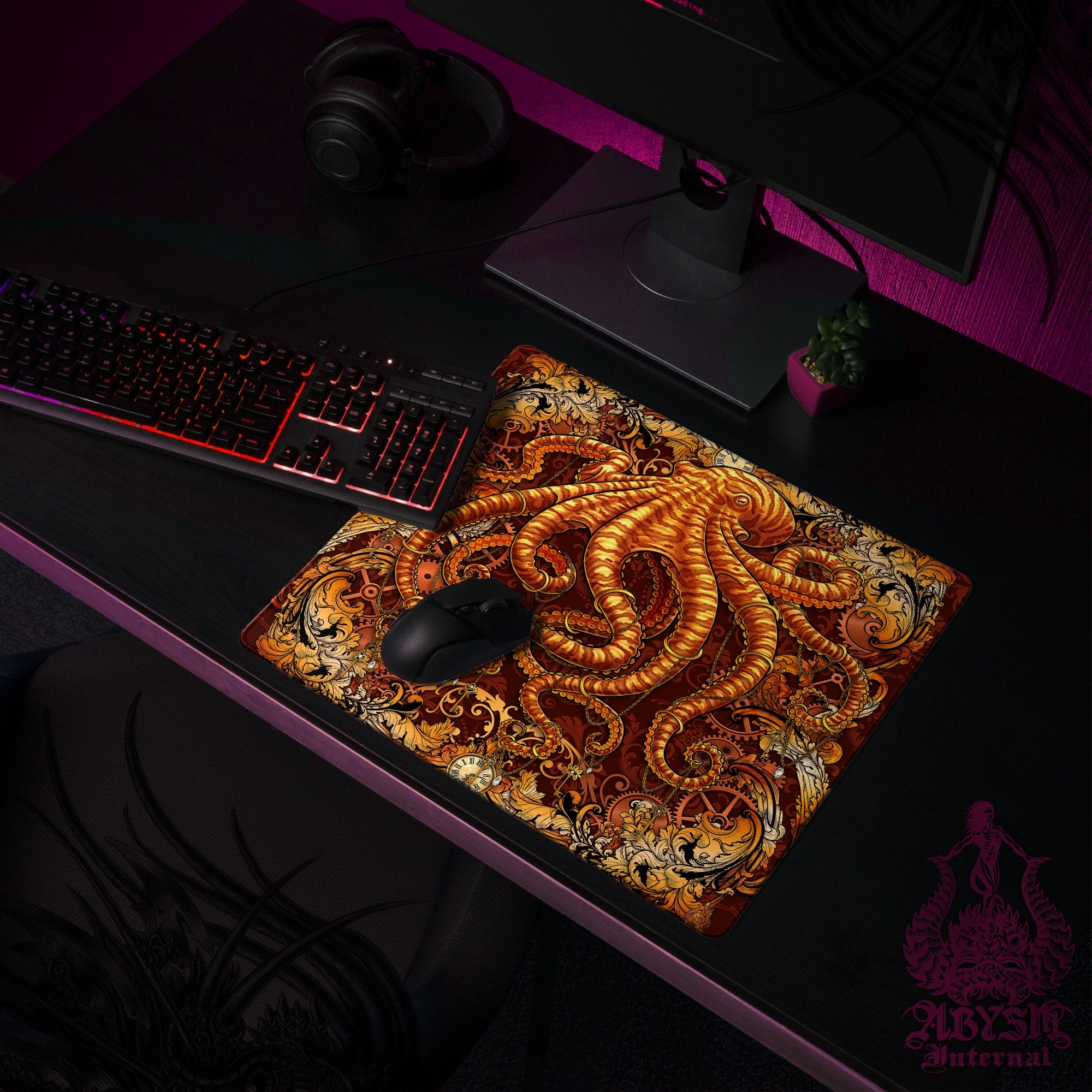 Octopus Gaming Desk Mat, Tentacles Mouse Pad, Steampunk Table Protector Cover, Gears Workpad, Fantasy Art Print - Abysm Internal