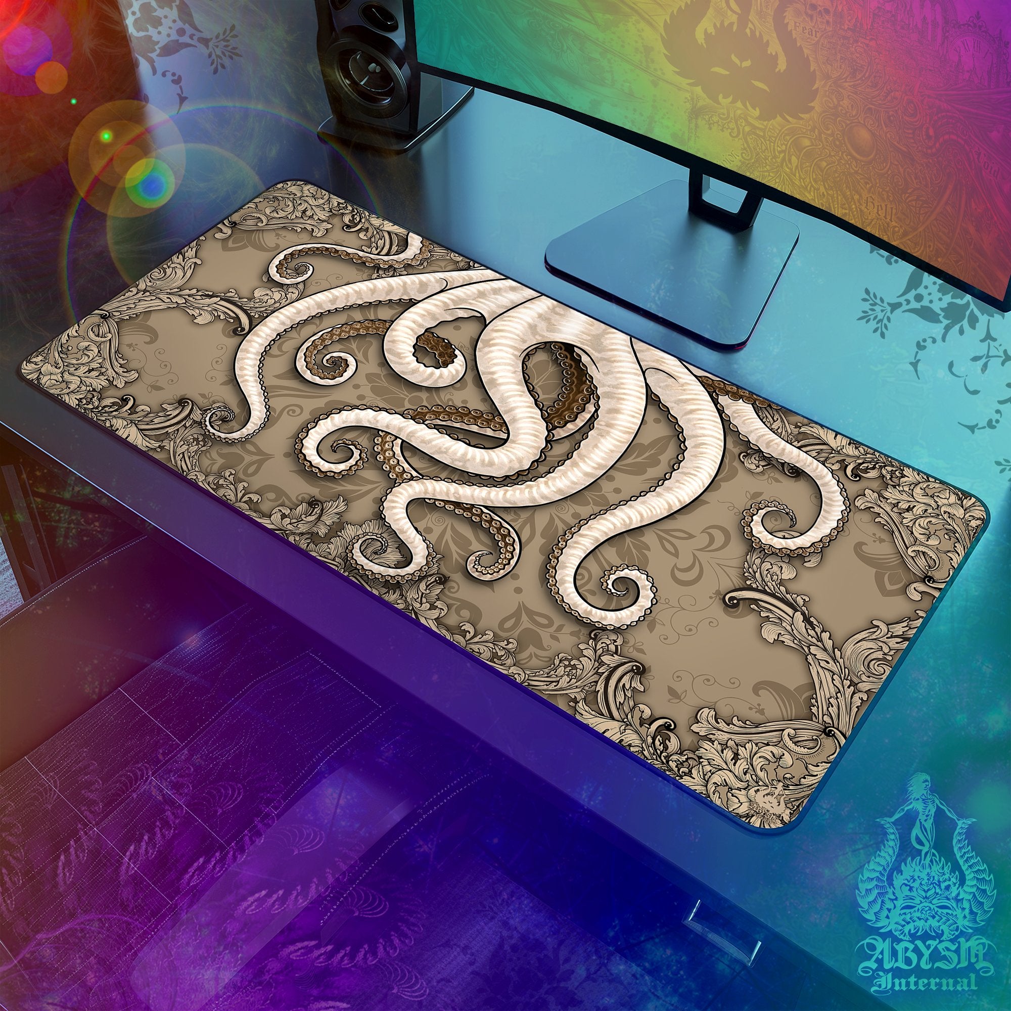 Octopus Mouse Pad, Tentacles Gaming Desk Mat, Beige Workpad, Cream Table Protector Cover, Fantasy Art Print - Abysm Internal