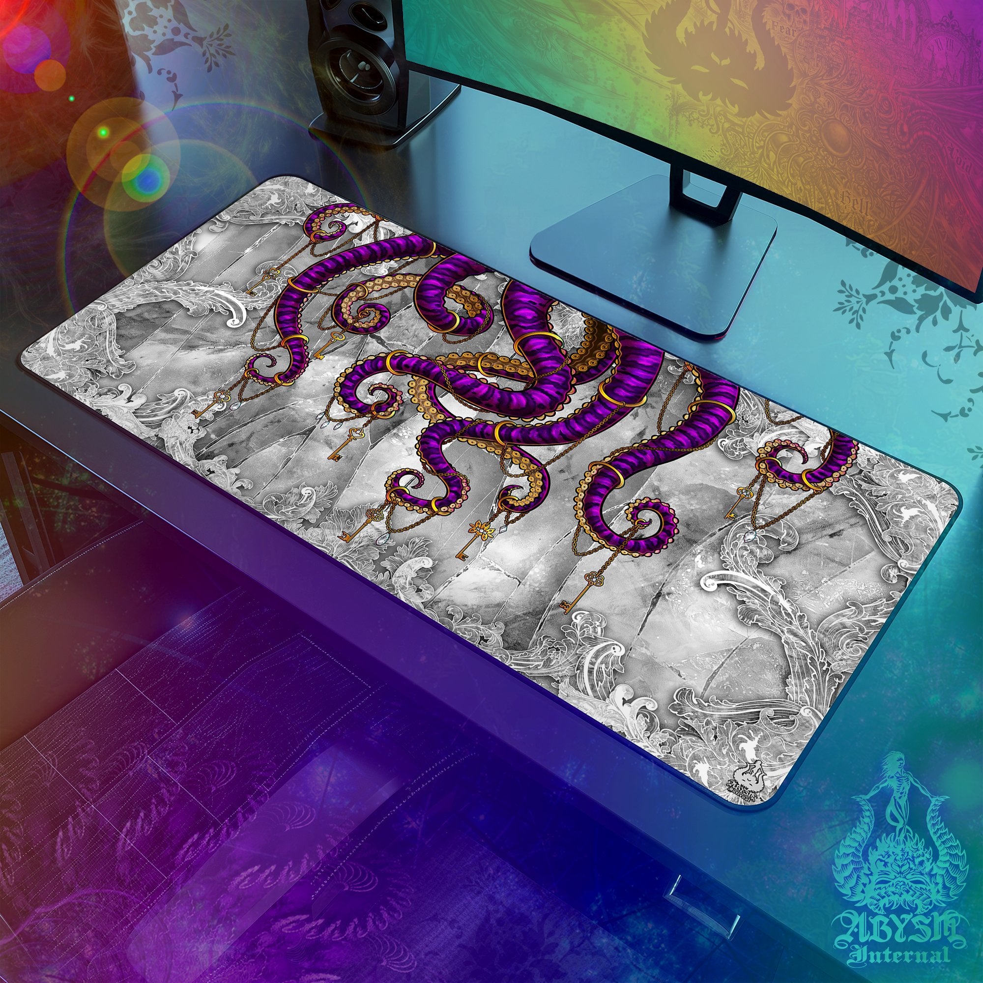 Octopus Workpad, Purple Tentacles Desk Mat, Colorful Gaming Mouse Pad, Gamer Table Protector Cover, Fantasy Art Print - Stone, Sand, 2 Colors - Abysm Internal