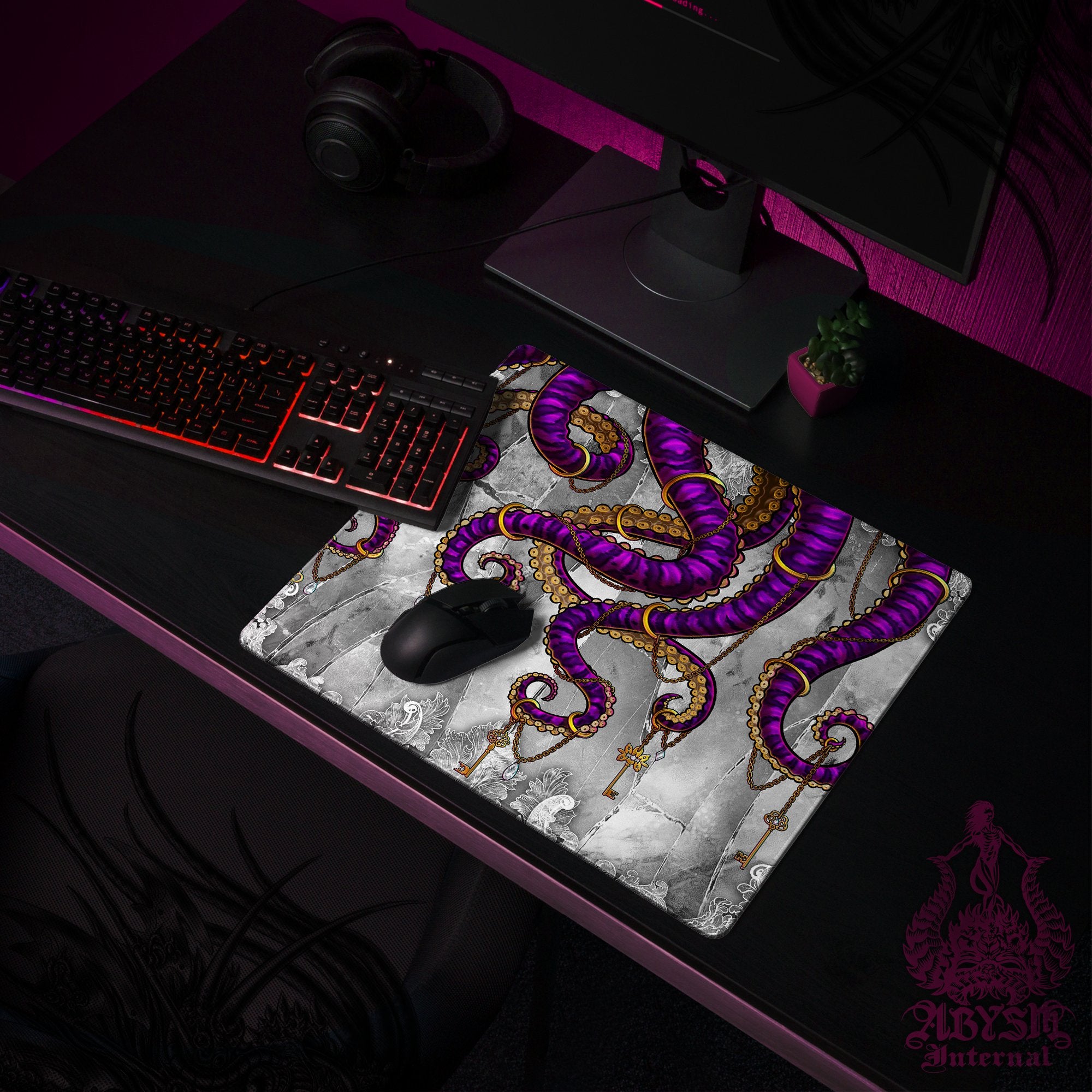 Octopus Workpad, Purple Tentacles Desk Mat, Colorful Gaming Mouse Pad, Gamer Table Protector Cover, Fantasy Art Print - Stone, Sand, 2 Colors - Abysm Internal