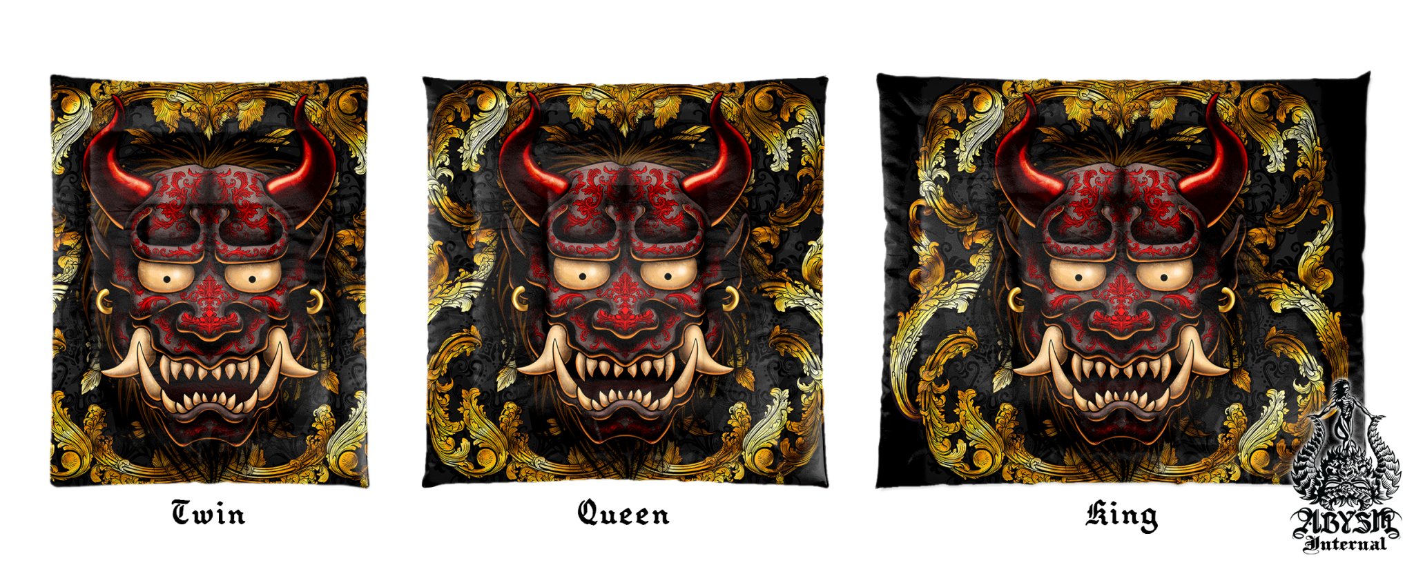 Oni Bedding Set, Comforter or Duvet, Anime Bed Cover, Bedroom Decor, King, Queen & Twin Size - Gold and Red, Japanese Demon, 2 Colors - Abysm Internal