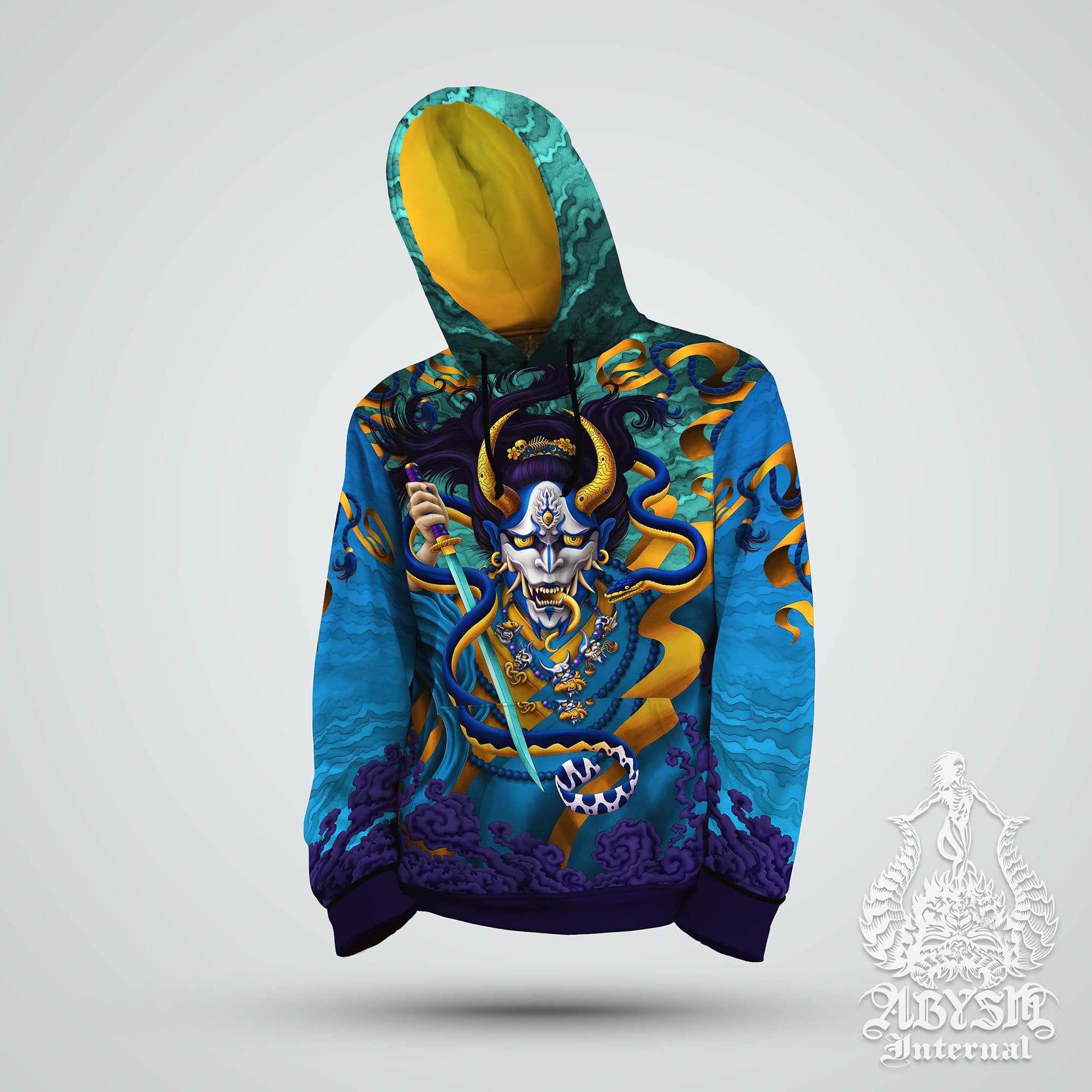 Parkour Hoodie, Japanese Demon Sweater, Manga and Anime Streetwear, Fantasy Street Outfit, Hannya Pullover, Alternative Clothing, Unisex - Oni and Snake, Cyan Gold - Abysm Internal