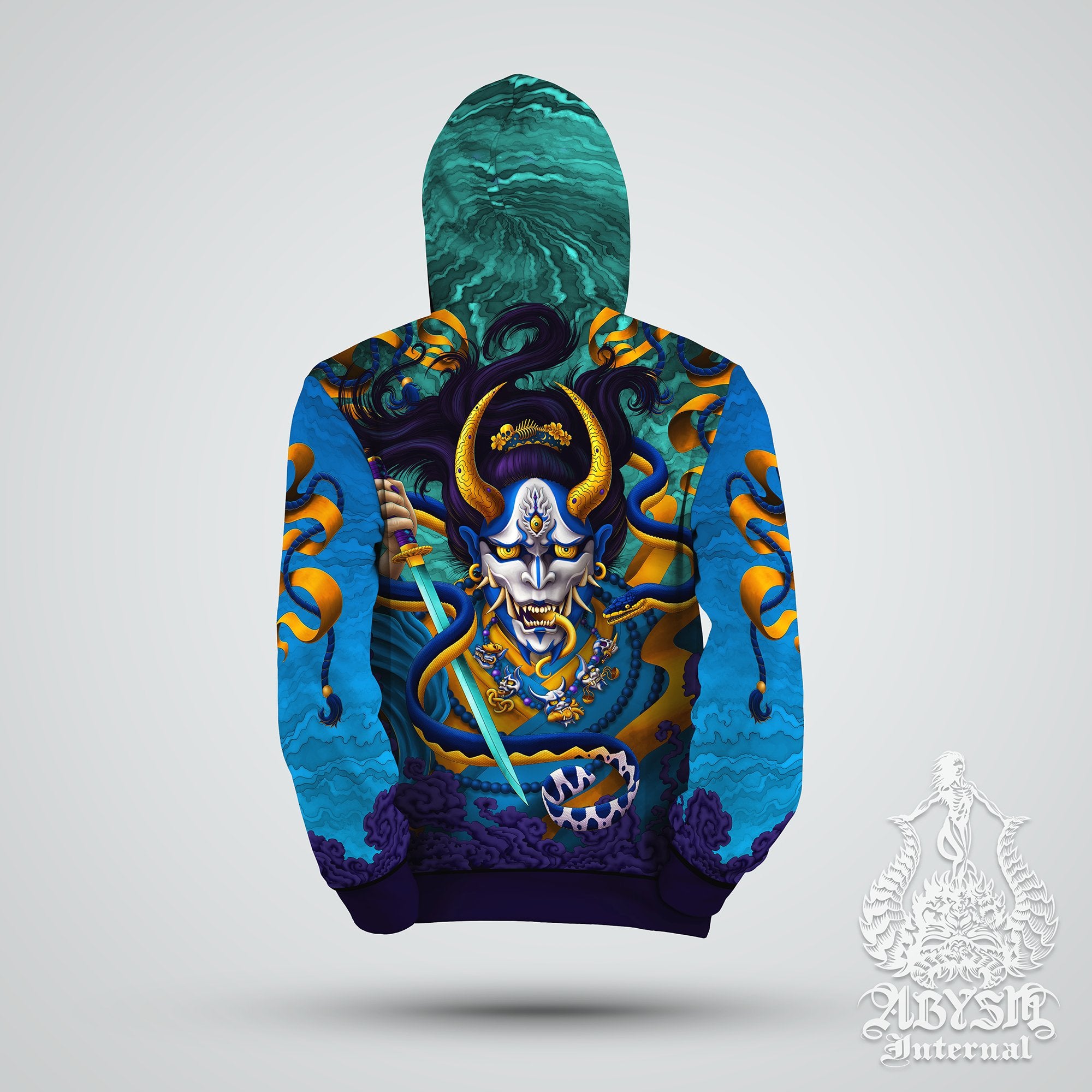 Parkour Hoodie, Japanese Demon Sweater, Manga and Anime Streetwear, Fantasy Street Outfit, Hannya Pullover, Alternative Clothing, Unisex - Oni and Snake, Cyan Gold - Abysm Internal