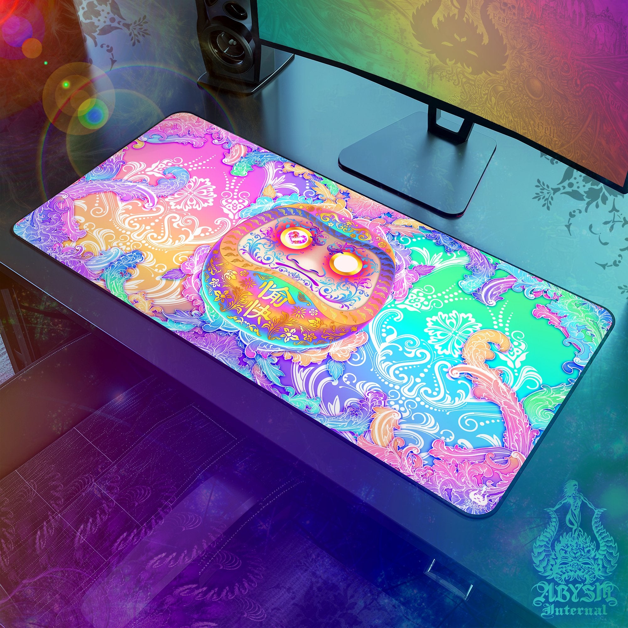 Pastel Gaming Desk Mat, Girl Gamer Mouse Pad, Japanese Daruma Table Protector Cover, Psychedelic Workpad, Harajuku Yume Kawaii Art Print - Manga and Anime - Abysm Internal