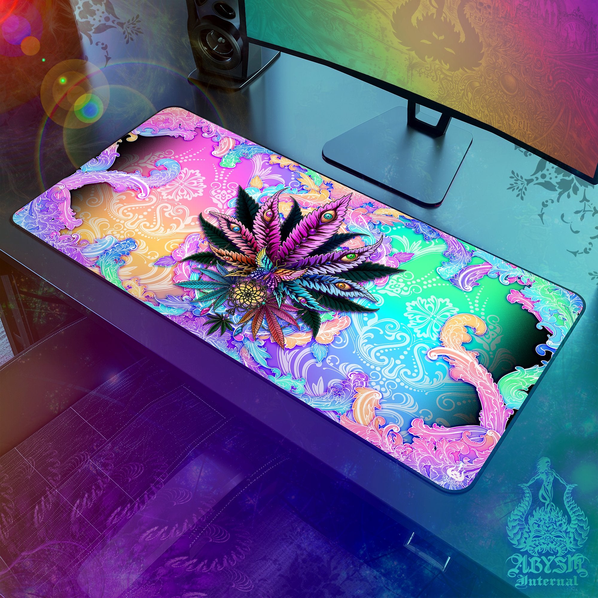 Pastel Gaming Desk Mat, Marijuana Mouse Pad, Psychedelic Cannabis Table Protector Cover, Weed Workpad, 420 Art Print - Black - Abysm Internal