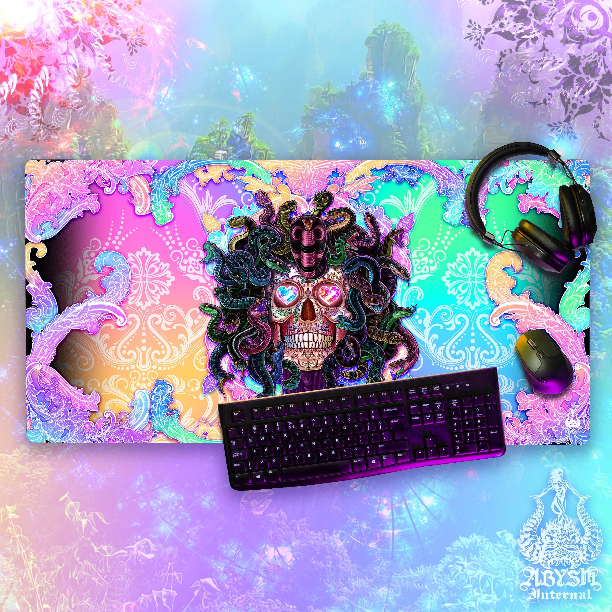 Pastel Horror Gaming Mouse Pad, Girl Gamer Desk Mat, Psychedelic Skull Table Protector Cover, Medusa Workpad, Art Print - Black, 4 Options - Abysm Internal
