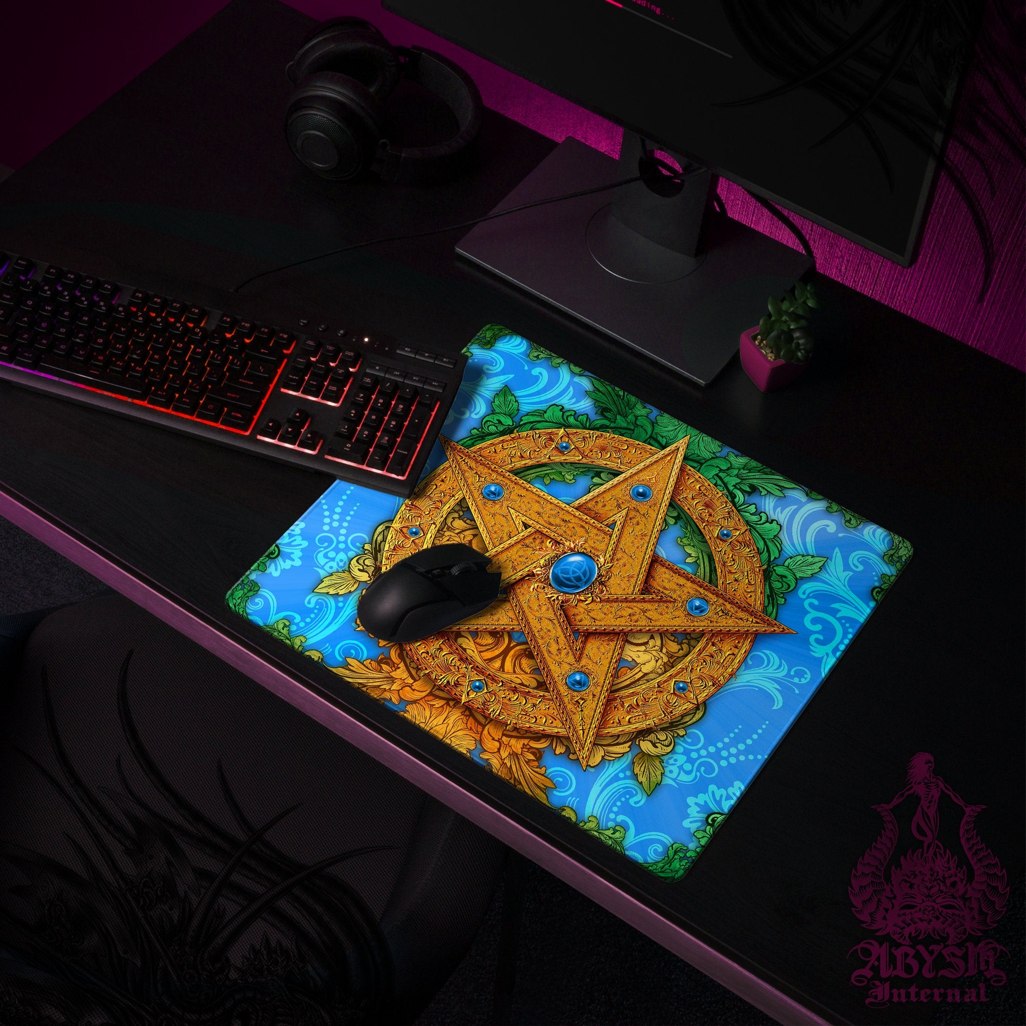 Pentacle Desk Mat, Witch Gaming Mouse Pad, Witchy Table Protector Cover, Wicca Workpad, Fantasy Art Print - 5 Colors - Abysm Internal