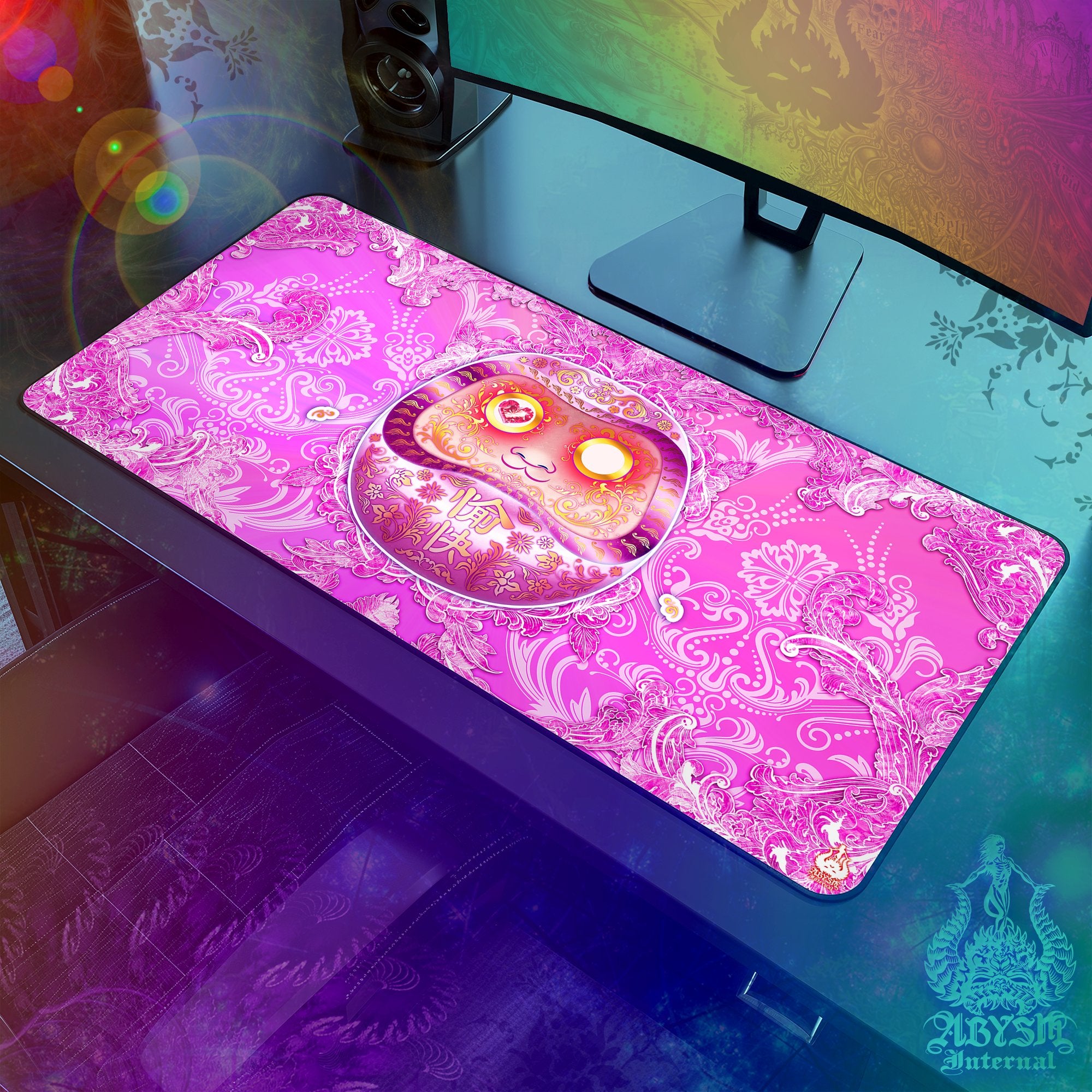 Pink Gaming Mouse Pad, Girl Gamer Desk Mat, Japanese Daruma Table Protector Cover, Yume Kawaii Workpad, Harajuku Art Print - Anime and Manga, Psy - Abysm Internal
