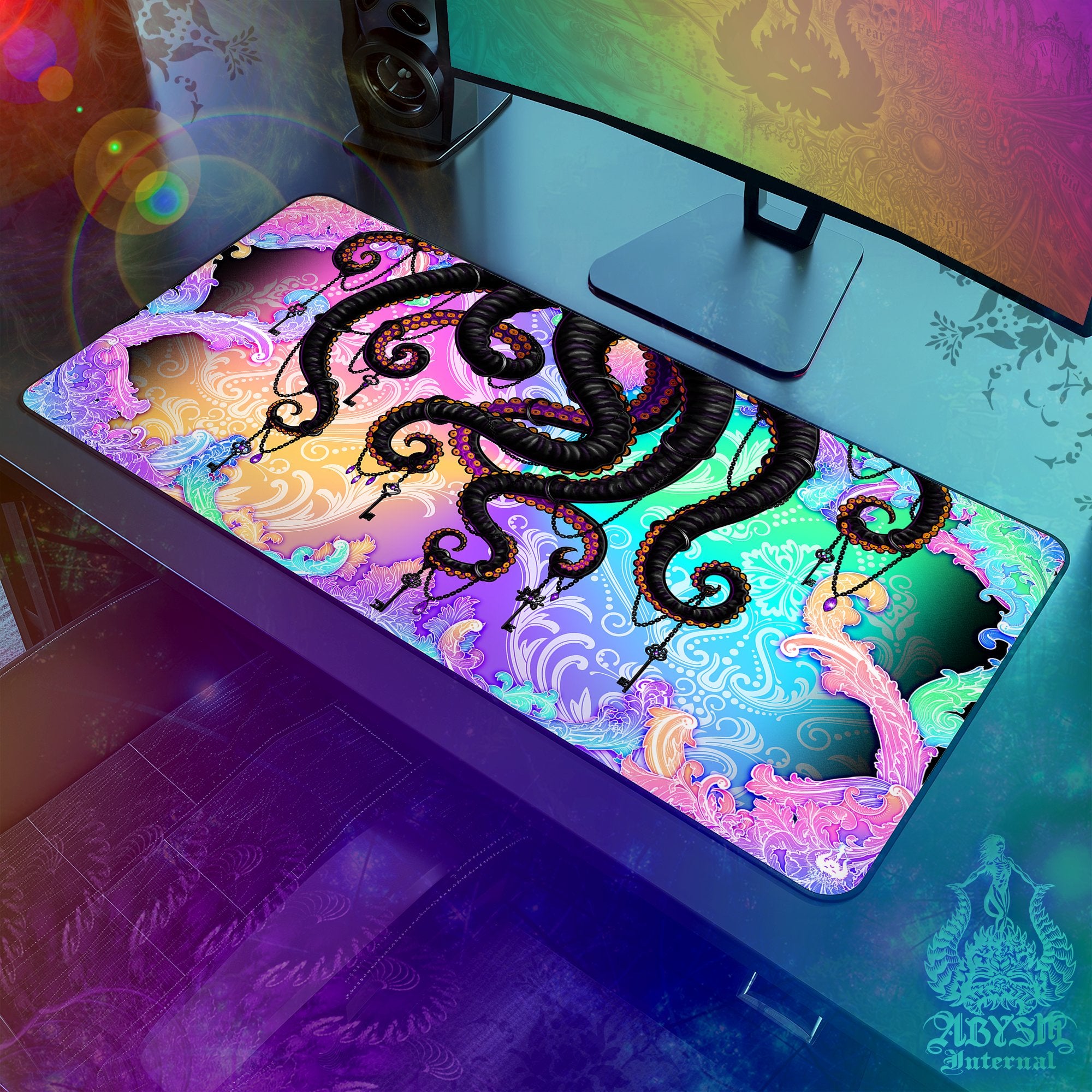 Psychedelic Desk Mat, Tentacles Gaming Mouse Pad, Girl Gamer Table Protector Cover, Trippy Workpad, Fantasy Art Print - Black Octopus - Abysm Internal