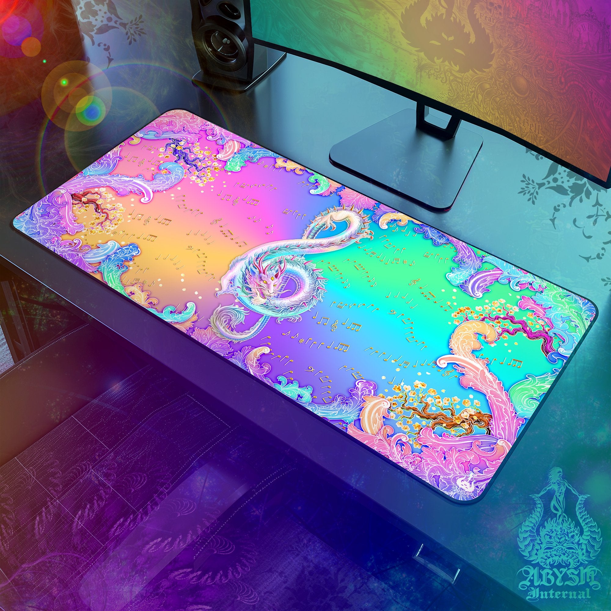 Psychedelic Dragon Gaming Mouse Pad, Music Desk Mat, Trippy Pastel Workpad, Girl Gamer Table Protector Cover, Treble Clef Asian Art Print - 2 Options - Abysm Internal