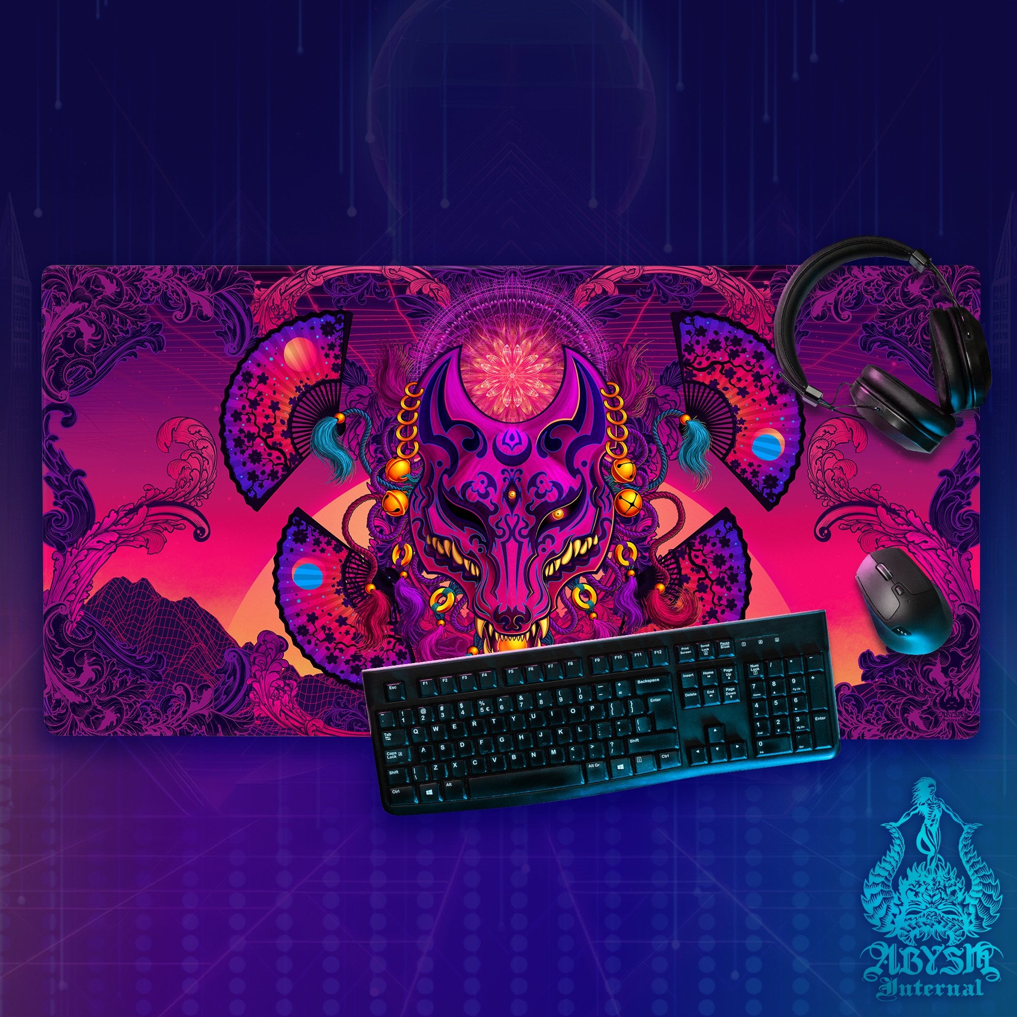 Psychedelic Gaming Desk Mat, Fox Mask Mouse Pad, Kitsune Table Protector Cover, Youkai Workpad, Japanese Anime and Manga Art Print - Vaporwave - Abysm Internal