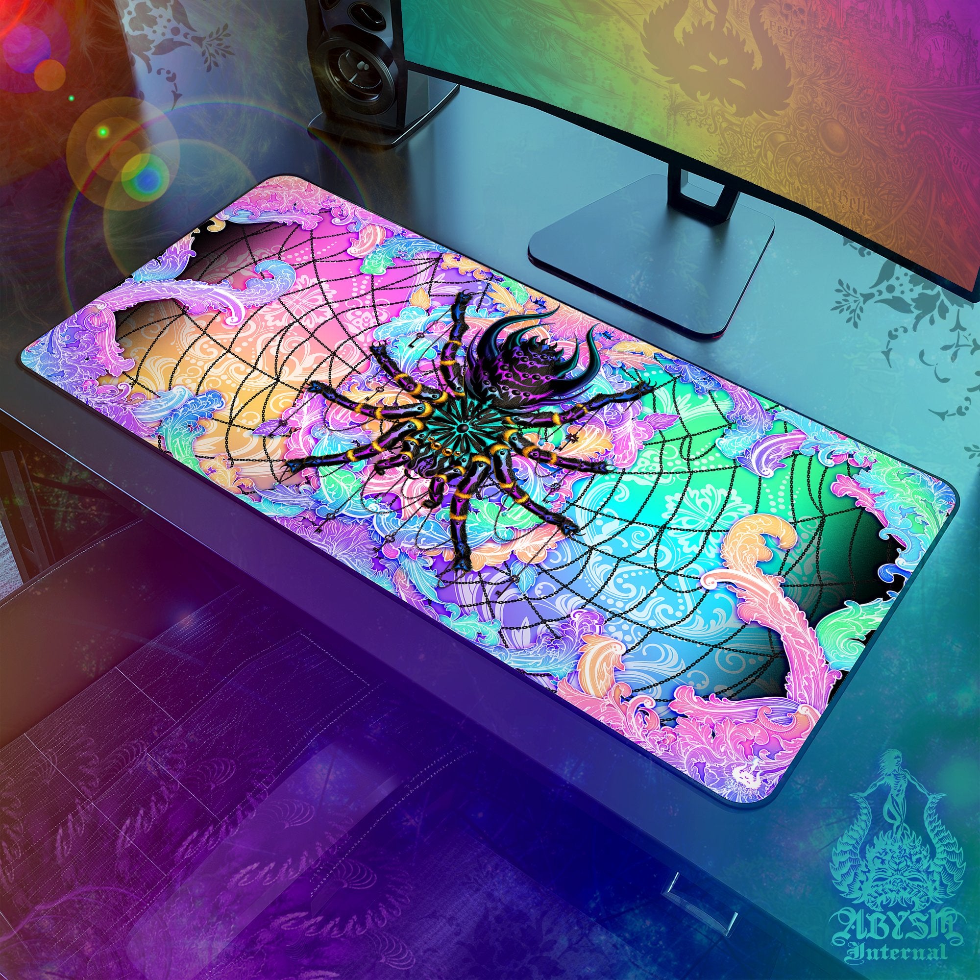Psychedelic Gaming Desk Mat, Pastel Mouse Pad, Girl Gamer Table Protector Cover, Trippy Tarantula Workpad, Black Spider Art Print - Abysm Internal