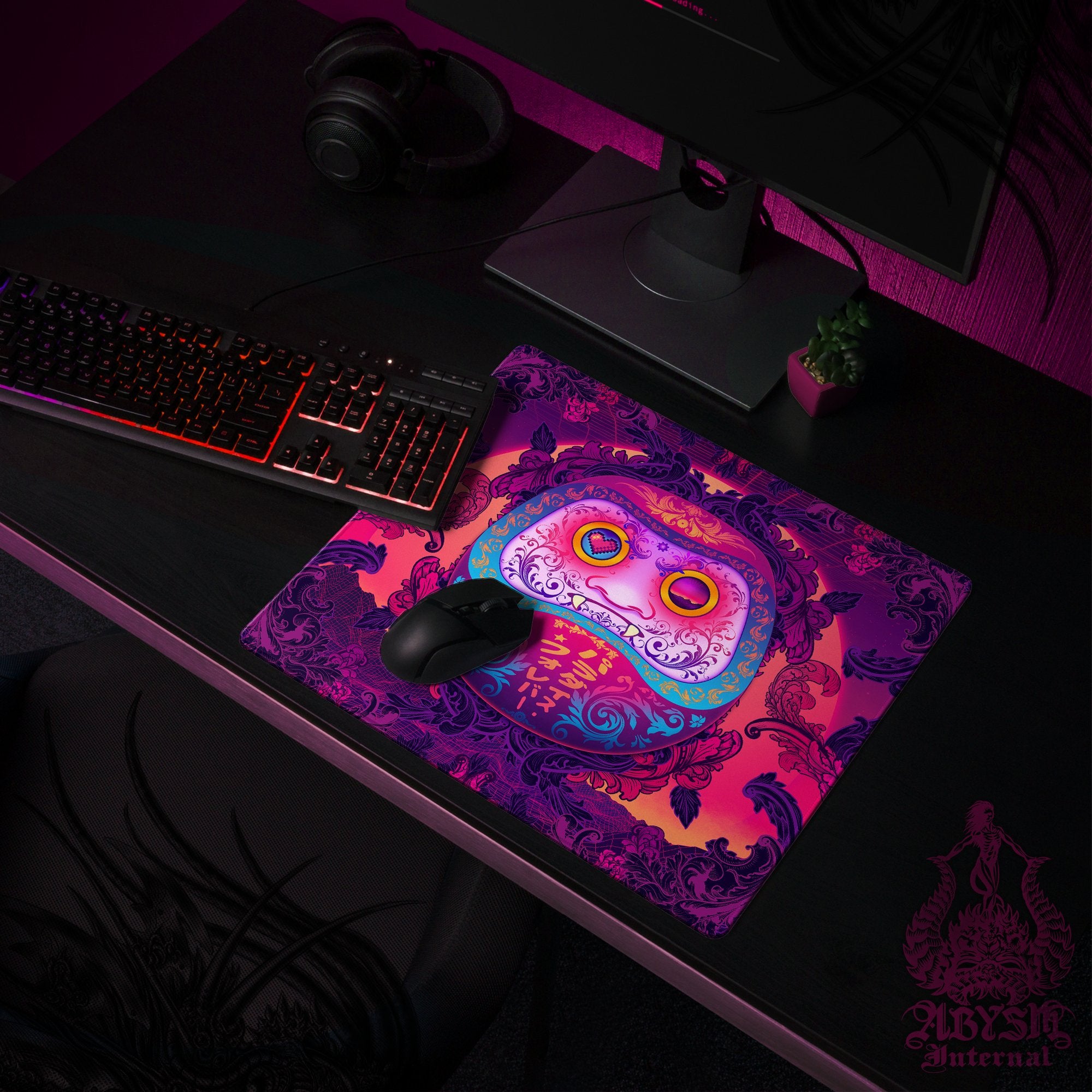 Psychedelic Gaming Desk Mat, Vaporwave Mouse Pad, Japanese Retrowave Table Protector Cover, Daruma Workpad, Mandga and Anime Art Print - Abysm Internal