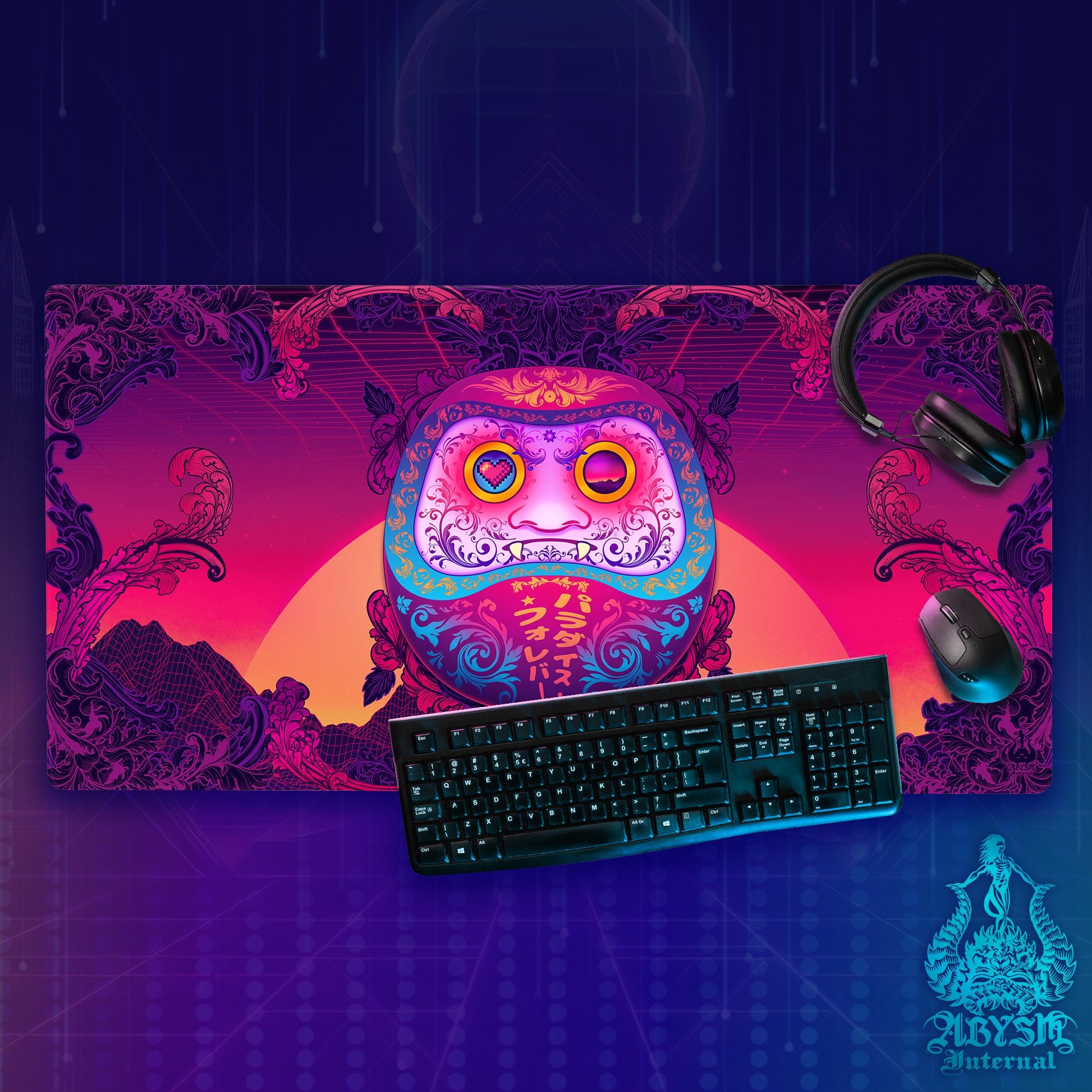 Psychedelic Gaming Desk Mat, Vaporwave Mouse Pad, Japanese Retrowave Table Protector Cover, Daruma Workpad, Mandga and Anime Art Print - Abysm Internal