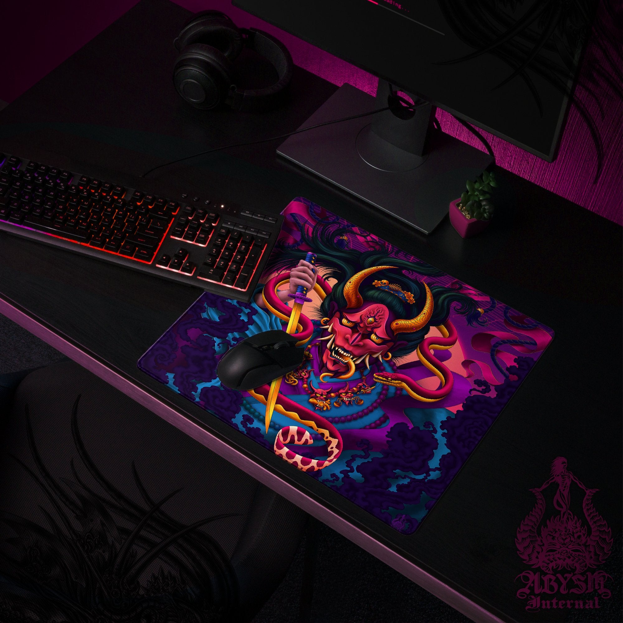 Psychedelic Gaming Mouse Pad, Japanese Demon Desk Mat, Hannya Table Protector Cover, Vaporwave Workpad, Fantasy Anime and Manga Art Print - Snake - Abysm Internal