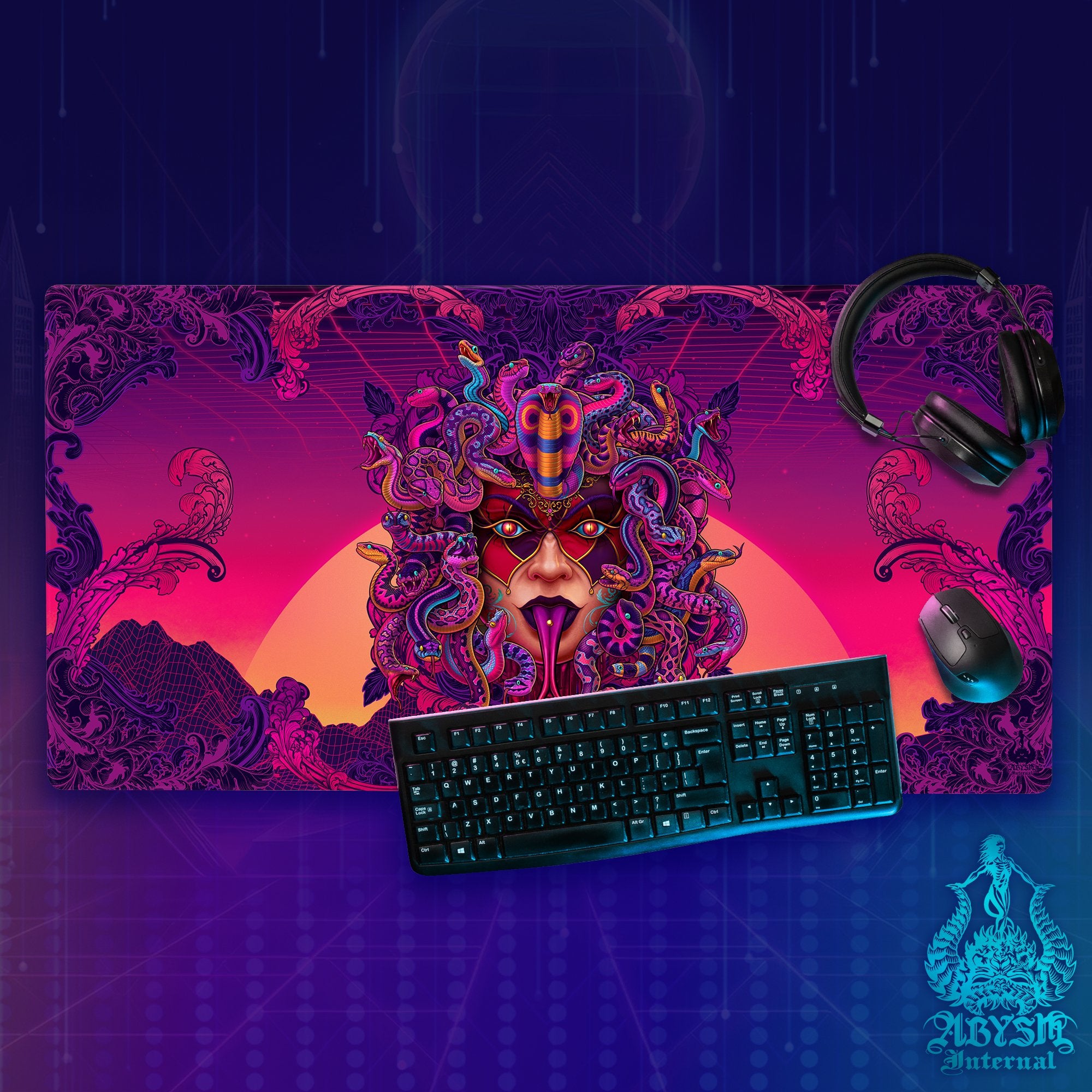 Psychedelic Gaming Mouse Pad, Skull Desk Mat, Gamer Table Protector Cover, Retrowave Medusa Workpad, Fantasy Art Print - Vaporwave, 4 Options - Abysm Internal