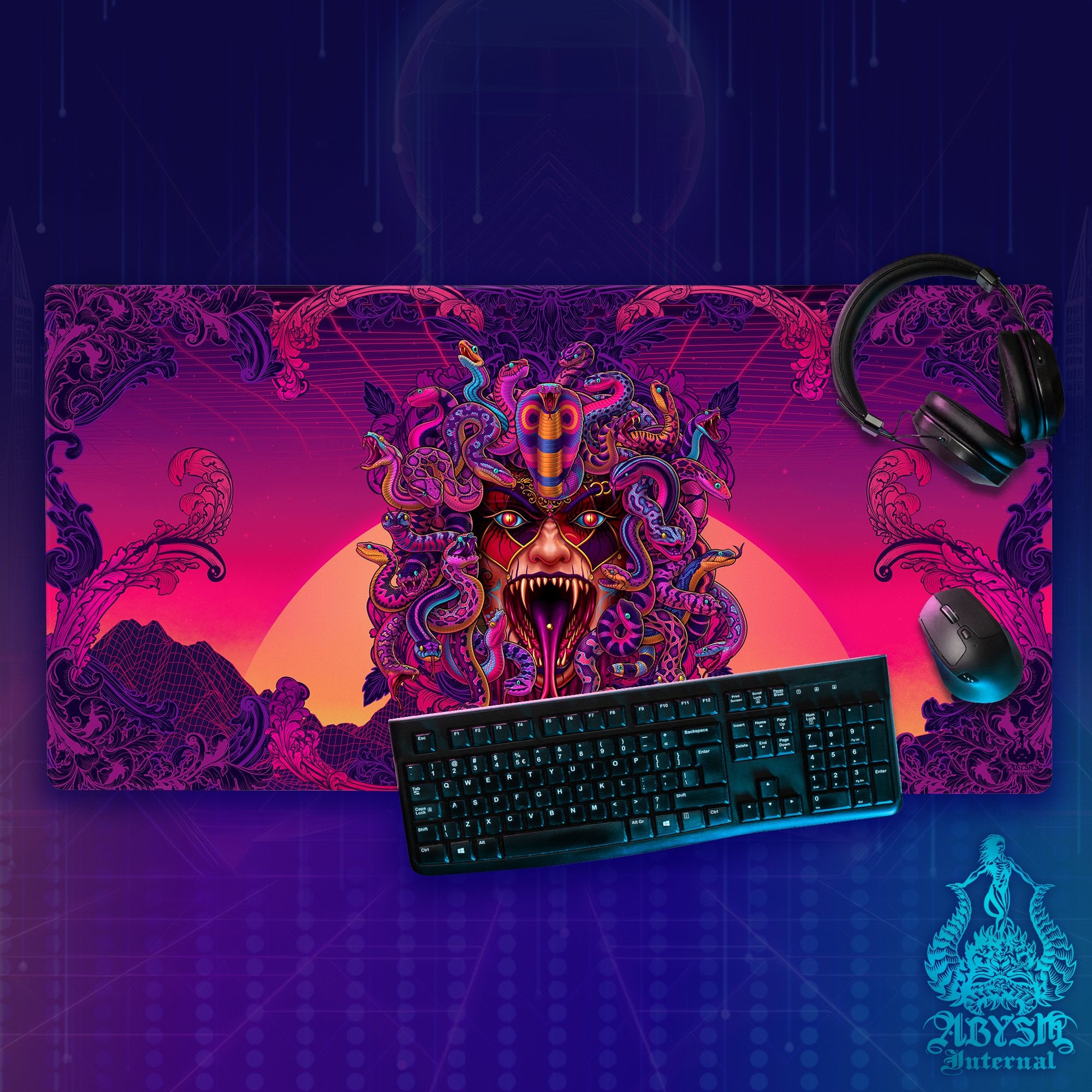 Psychedelic Gaming Mouse Pad, Skull Desk Mat, Gamer Table Protector Cover, Retrowave Medusa Workpad, Fantasy Art Print - Vaporwave, 4 Options - Abysm Internal
