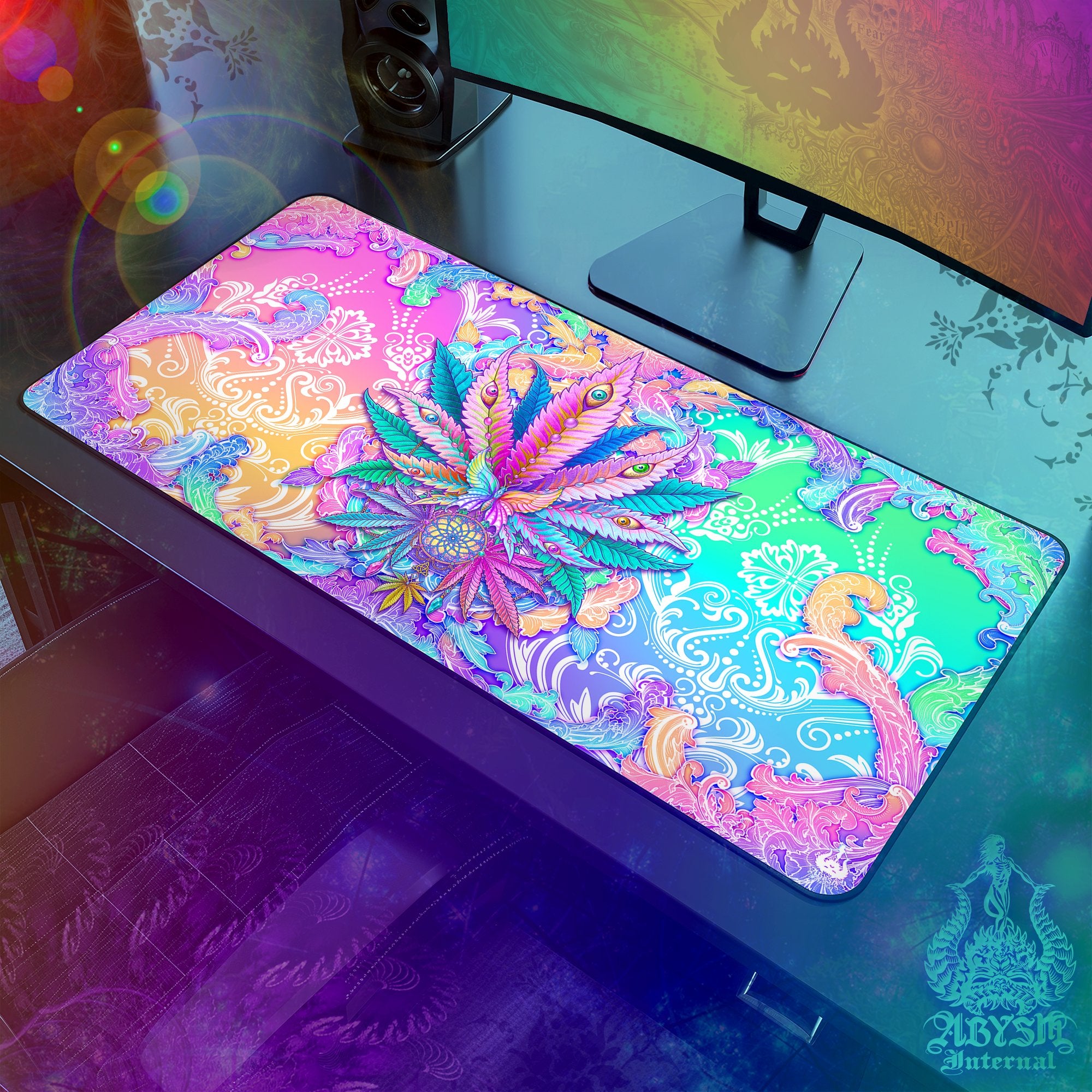 Psychedelic Mouse Pad, Aesthetic Marijuana Gaming Desk Mat, Cannabis Workpad, Weed Table Protector Cover, Pastel 420 Art Print - Abysm Internal