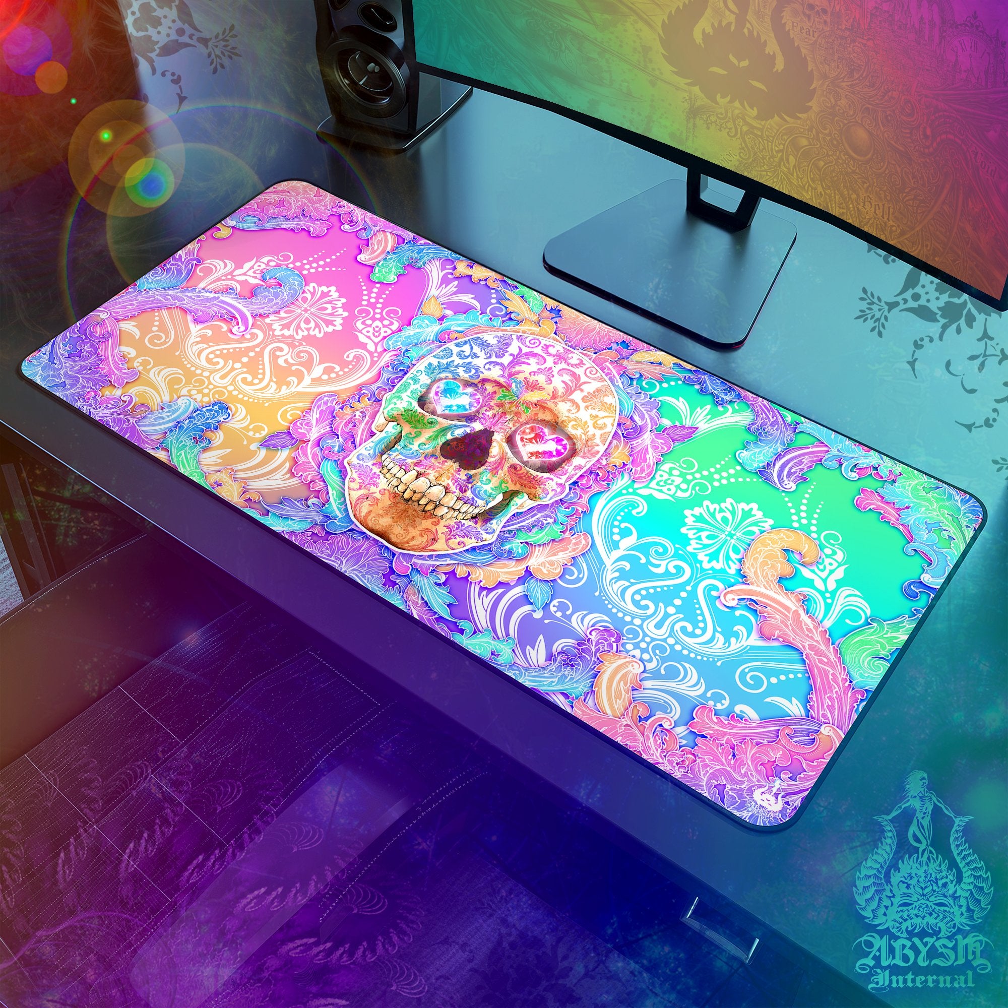 Psychedelic Skull Desk Mat, Pastel Gaming Mouse Pad, Aesthetic Table Protector Cover, Harajuku Workpad, Yami Kawaii Art Print - Abysm Internal