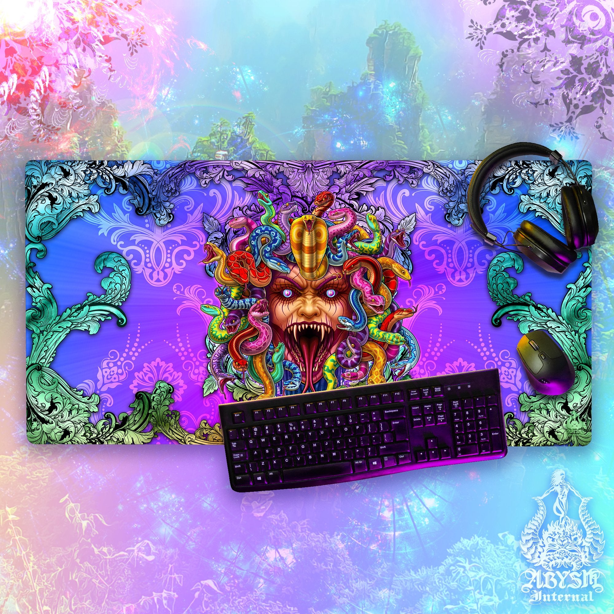 Psychedelic Workpad, Gamer Desk Mat, Medusa Gaming Mouse Pad, Colorful Indie Table Protector Cover, Fantasy Art Print - Psy, 2 Colors - Abysm Internal