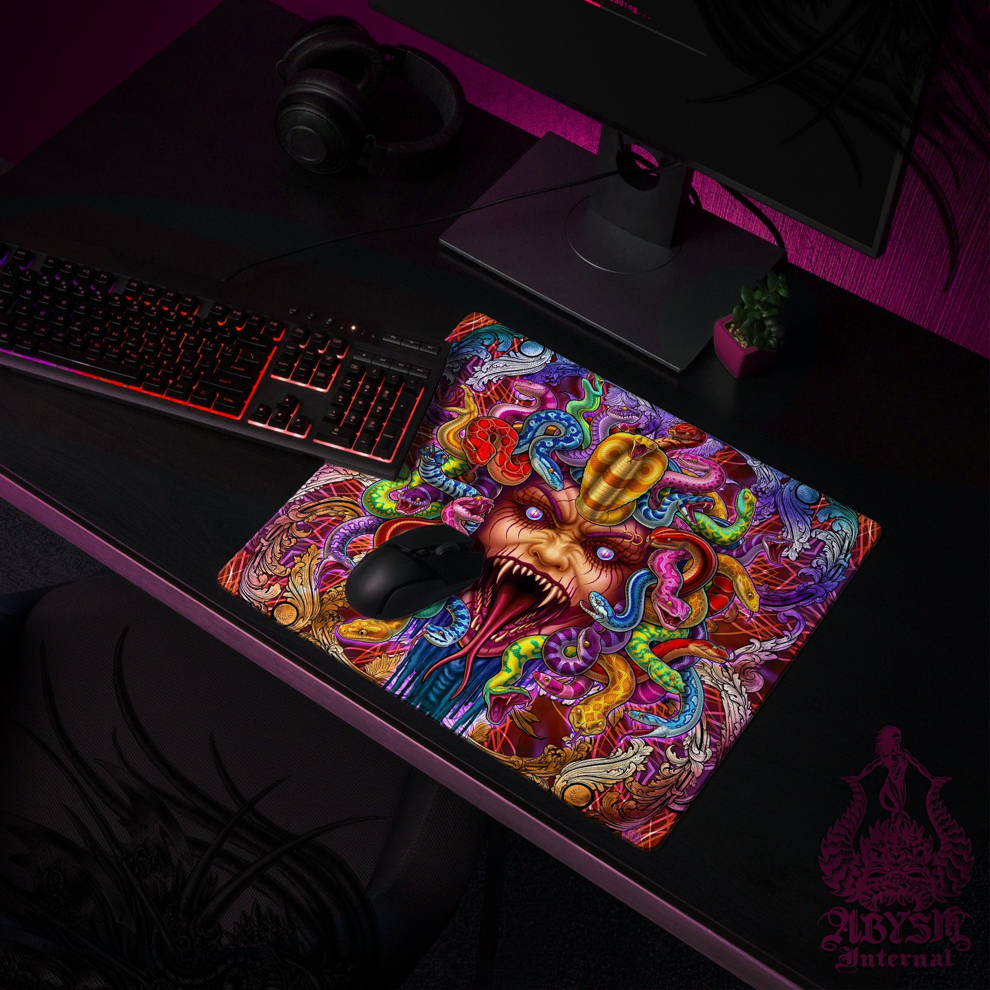Psychedelic Workpad, Gamer Desk Mat, Medusa Gaming Mouse Pad, Colorful Indie Table Protector Cover, Fantasy Art Print - Psy, 2 Colors - Abysm Internal