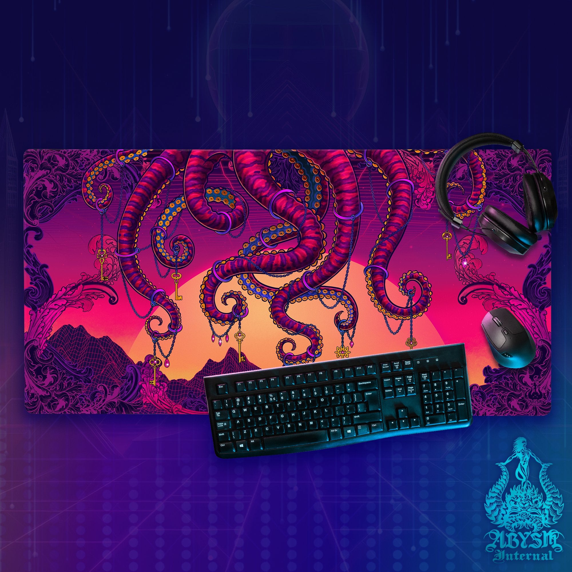 Psychedelic Workpad, Octopus Desk Mat, Tentacles Gaming Mouse Pad, Gamer Table Protector Cover, Fantasy Art Print - Vaporwave - Abysm Internal