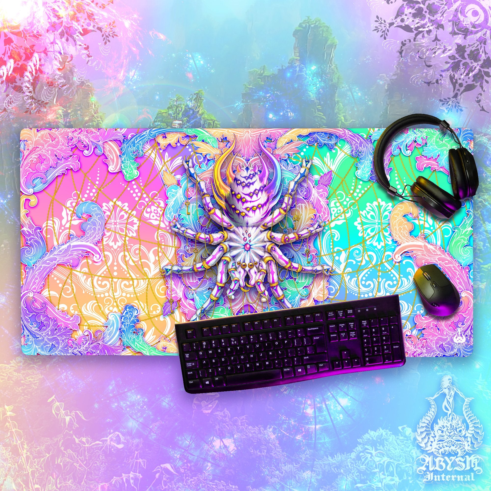 Psychedelic Workpad, Pastel Desk Mat, Spider Gaming Mouse Pad, Girl Gamer Table Protector Cover, Tarantula Art Print - Abysm Internal