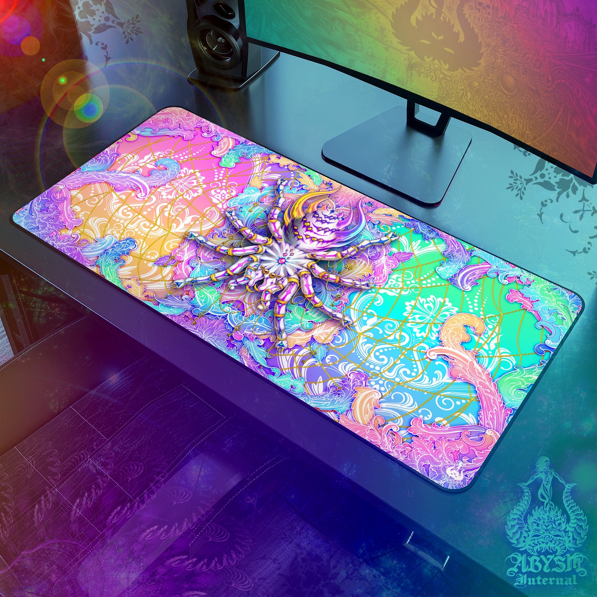 Psychedelic Workpad, Pastel Desk Mat, Spider Gaming Mouse Pad, Girl Gamer Table Protector Cover, Tarantula Art Print - Abysm Internal