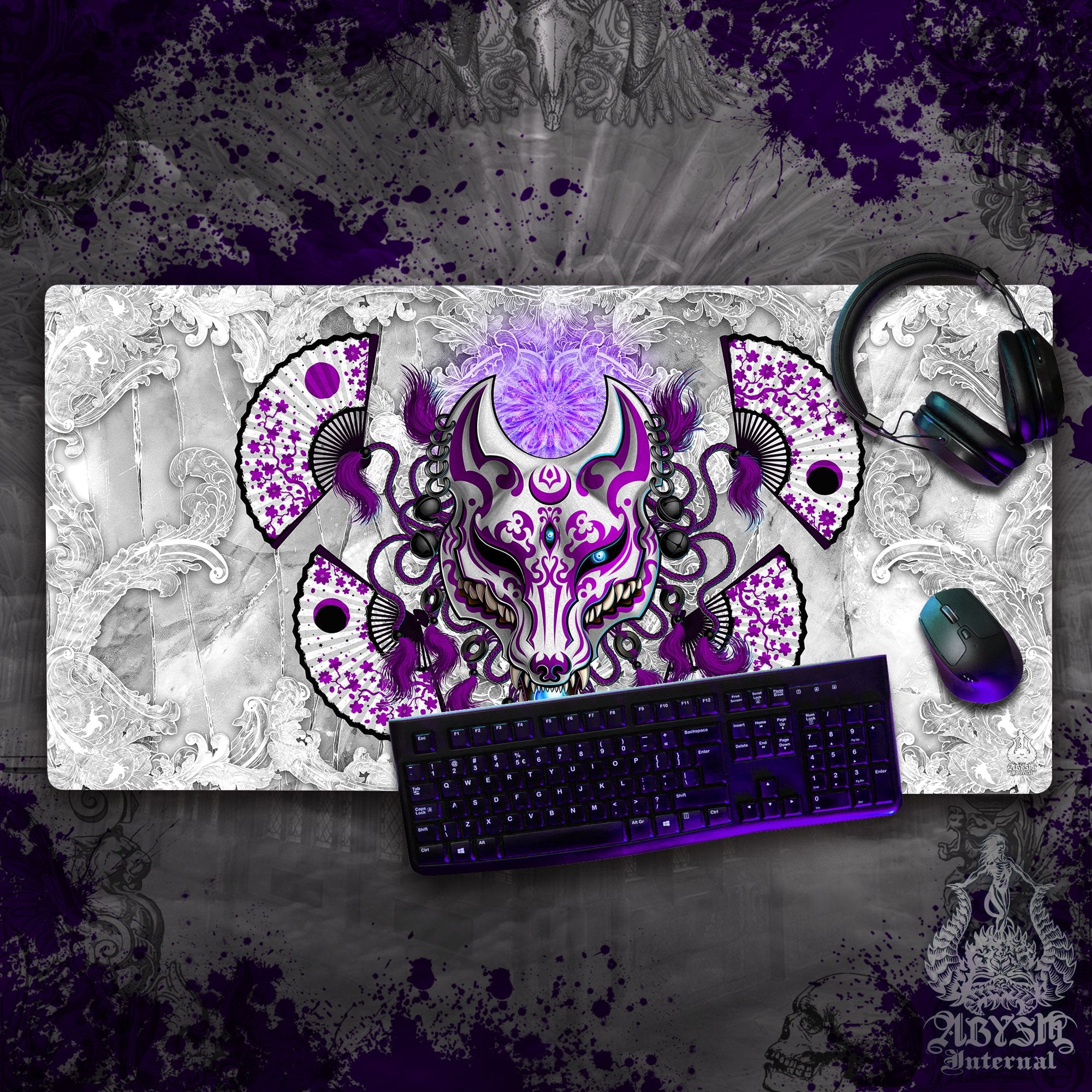 Purple Kitsune Workpad, Fox Mask Desk Mat, Manga Wolf Gaming Mouse Pad, Japanese Anime Okami Table Protector Cover, Youkai Art Print - White Goth - Abysm Internal