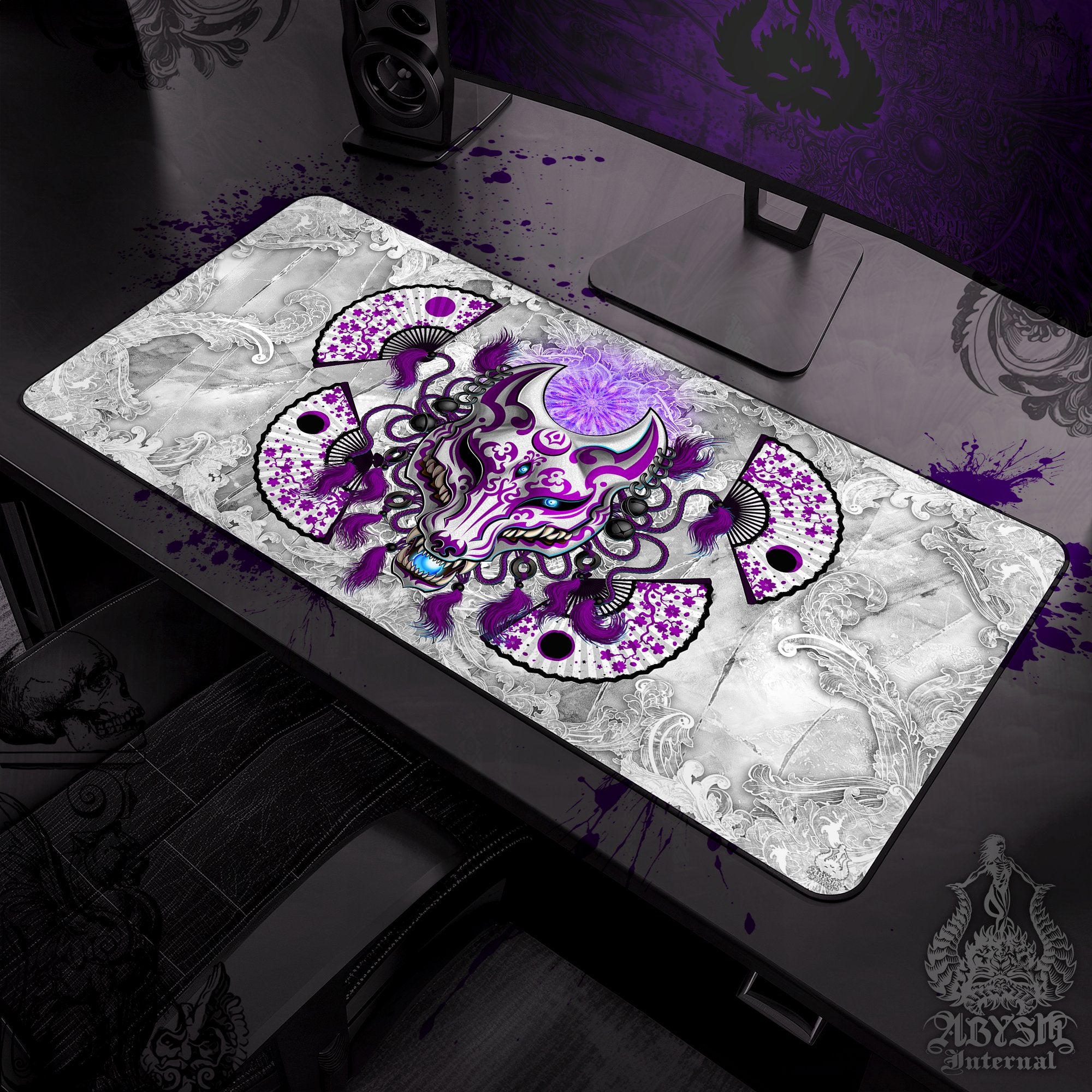 Purple Kitsune Workpad, Fox Mask Desk Mat, Manga Wolf Gaming Mouse Pad, Japanese Anime Okami Table Protector Cover, Youkai Art Print - White Goth - Abysm Internal